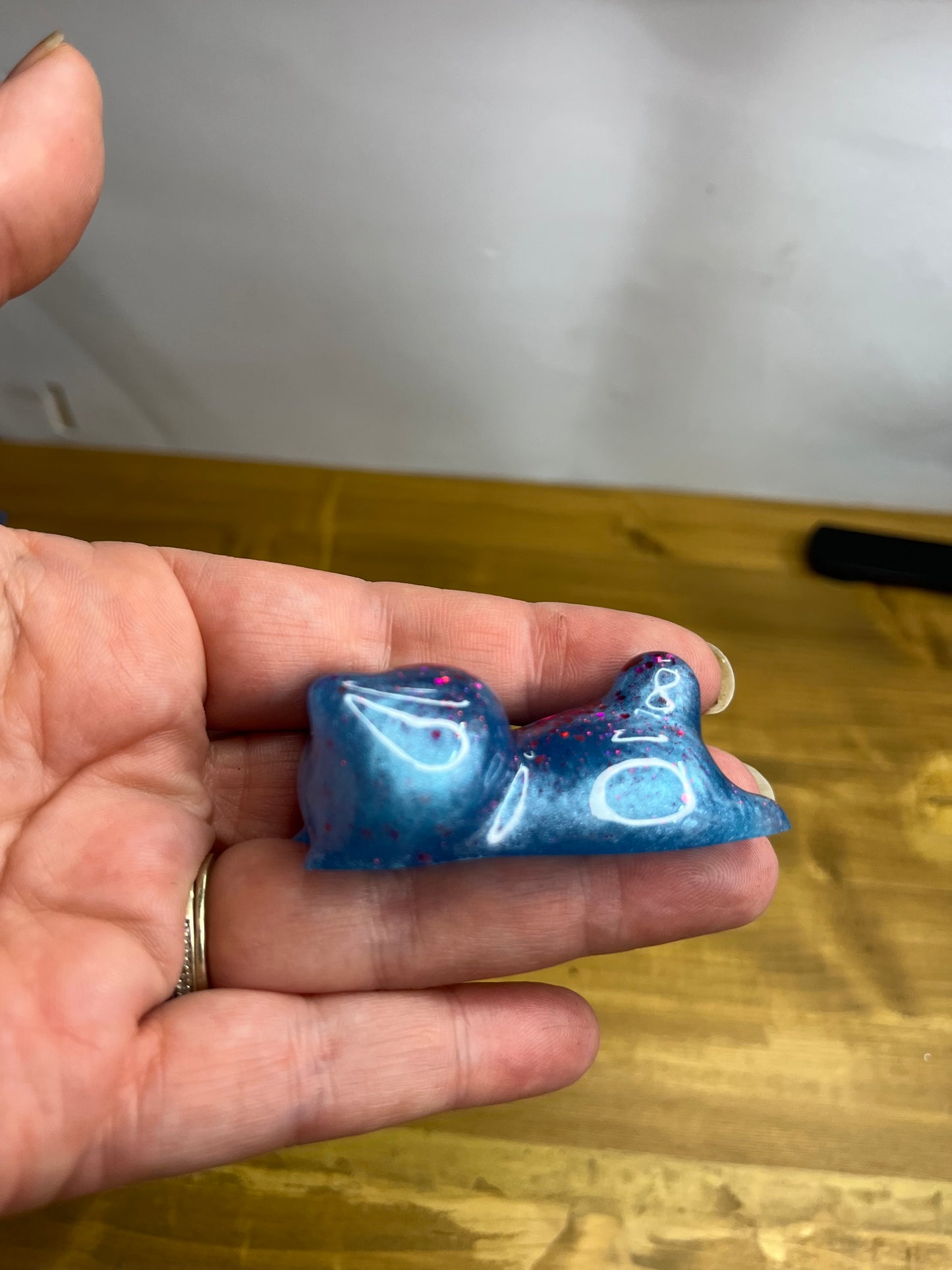 Set of 3 Blue Resin Cats with Red Glitter Accents, Figurines