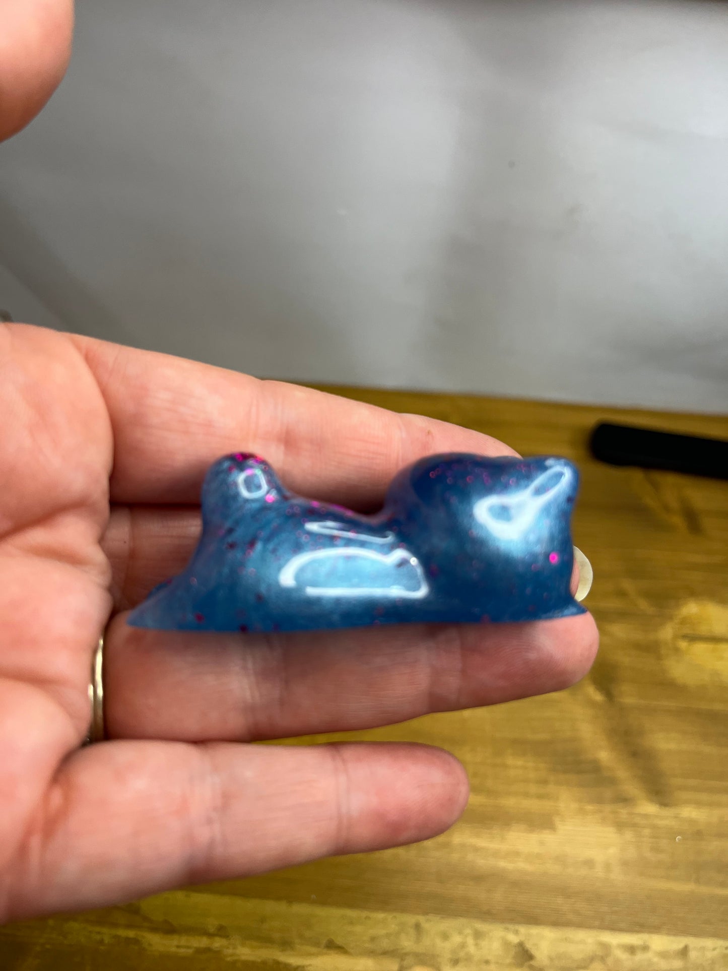 Set of 3 Blue Resin Cats with Red Glitter Accents, Figurines