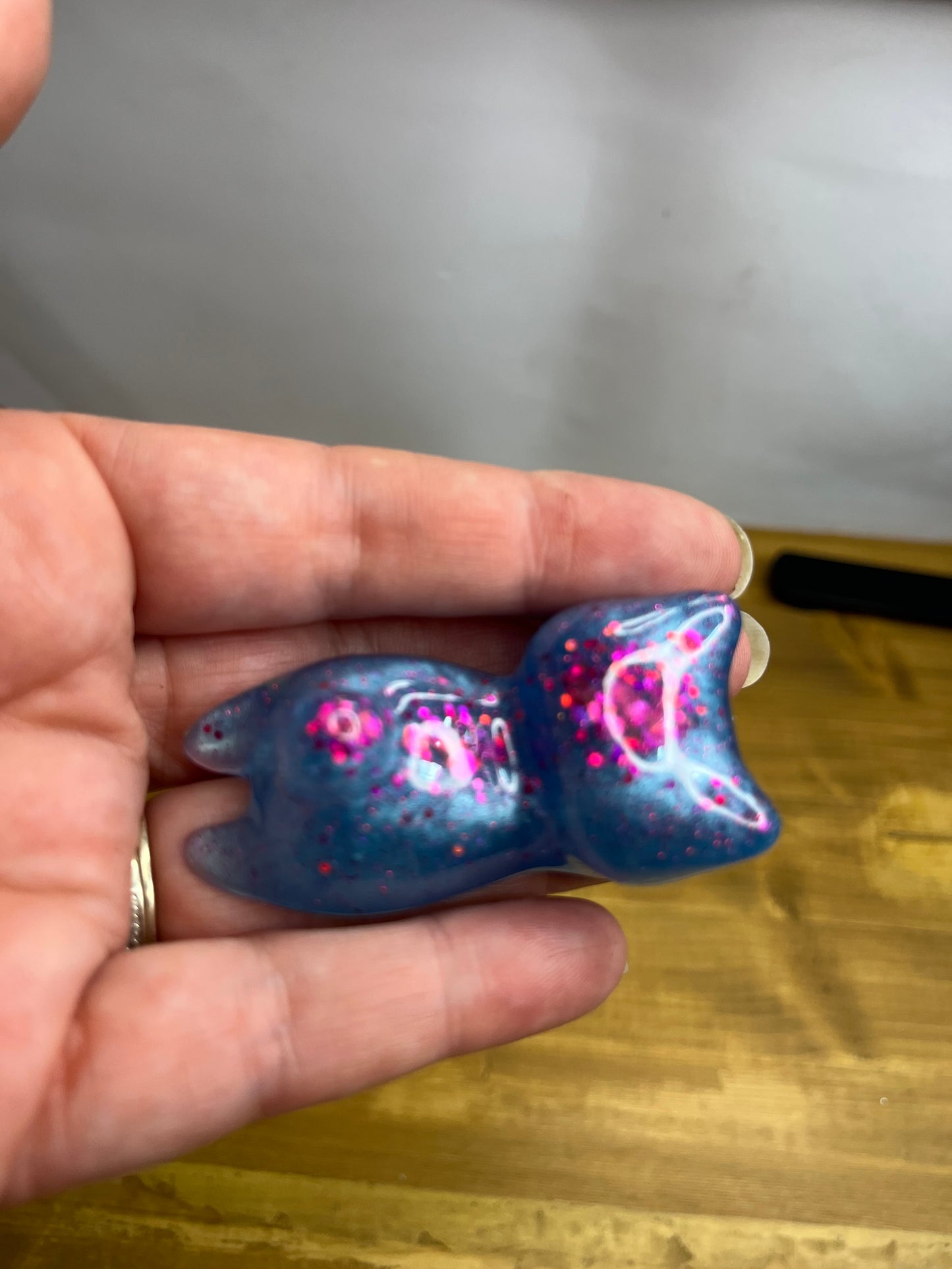 Set of 3 Blue Resin Cats with Red Glitter Accents, Figurines