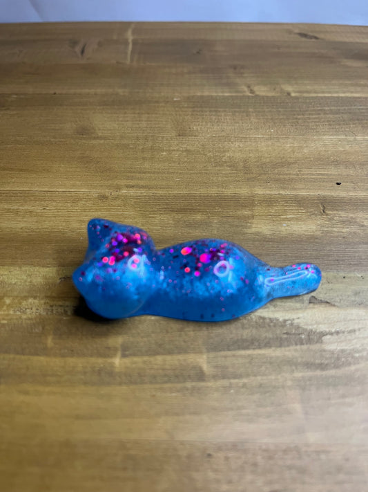 Set of 3 Blue Resin Cats with Red Glitter Accents, Figurines