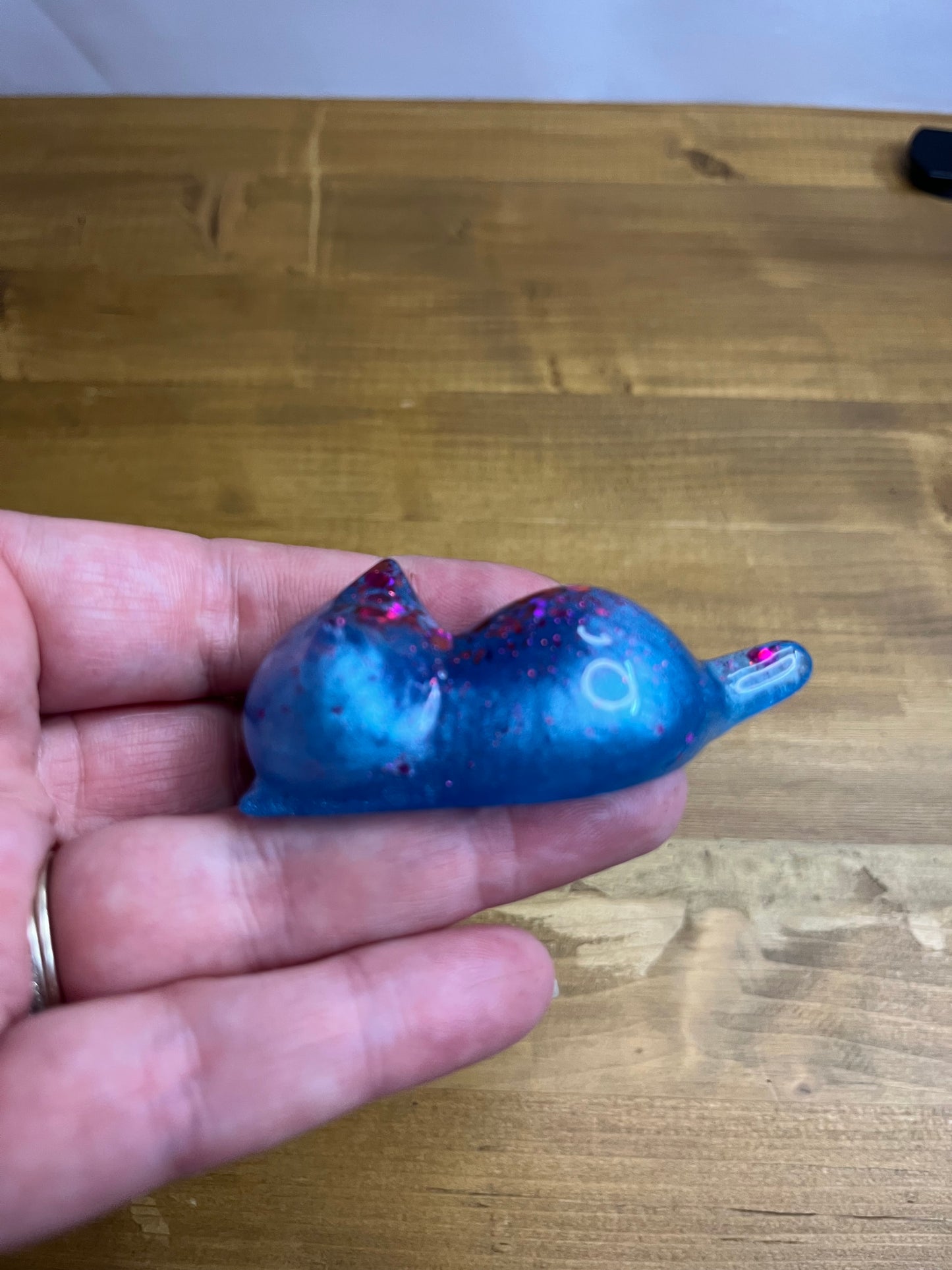 Set of 3 Blue Resin Cats with Red Glitter Accents, Figurines