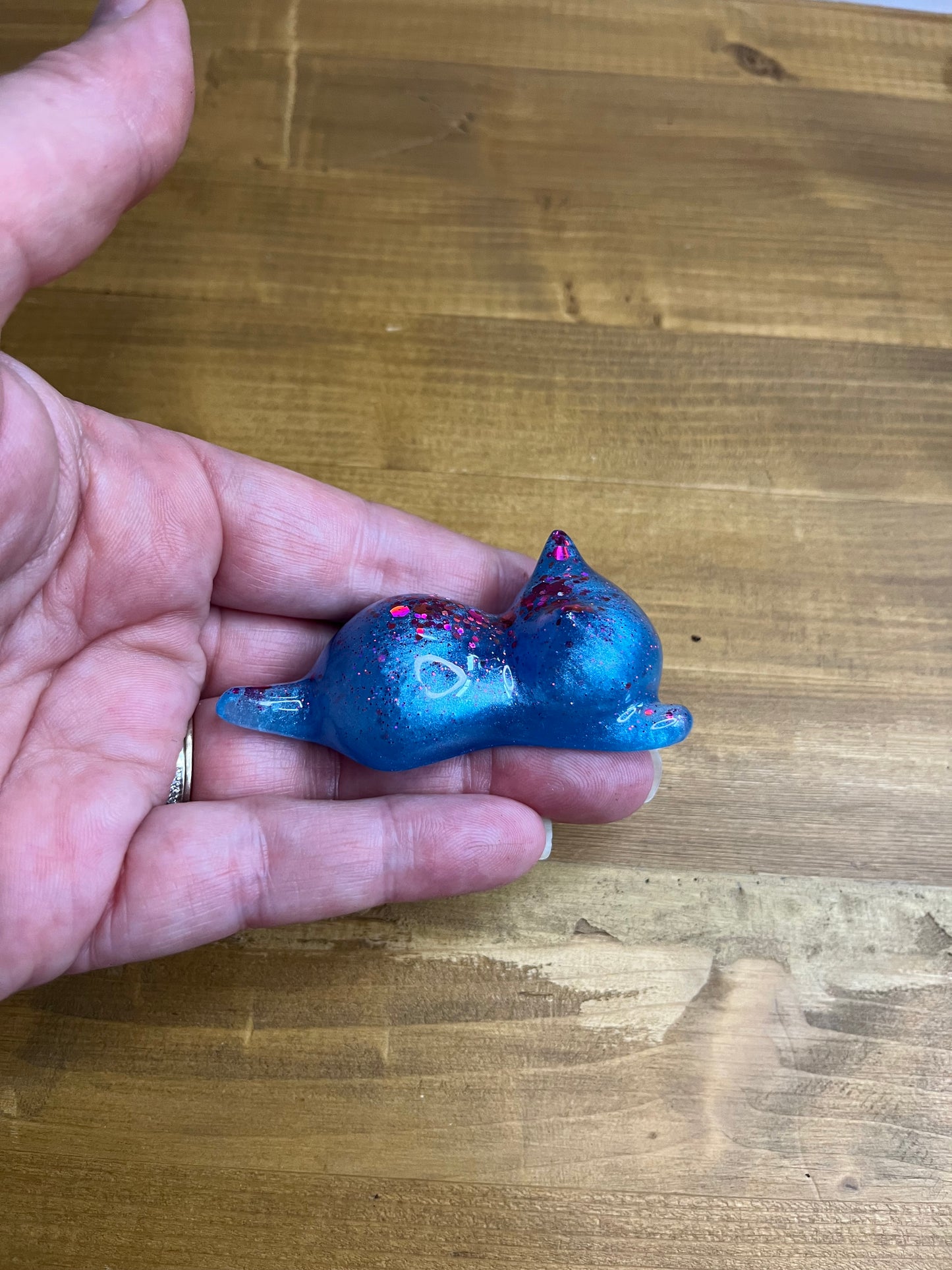 Set of 3 Blue Resin Cats with Red Glitter Accents, Figurines