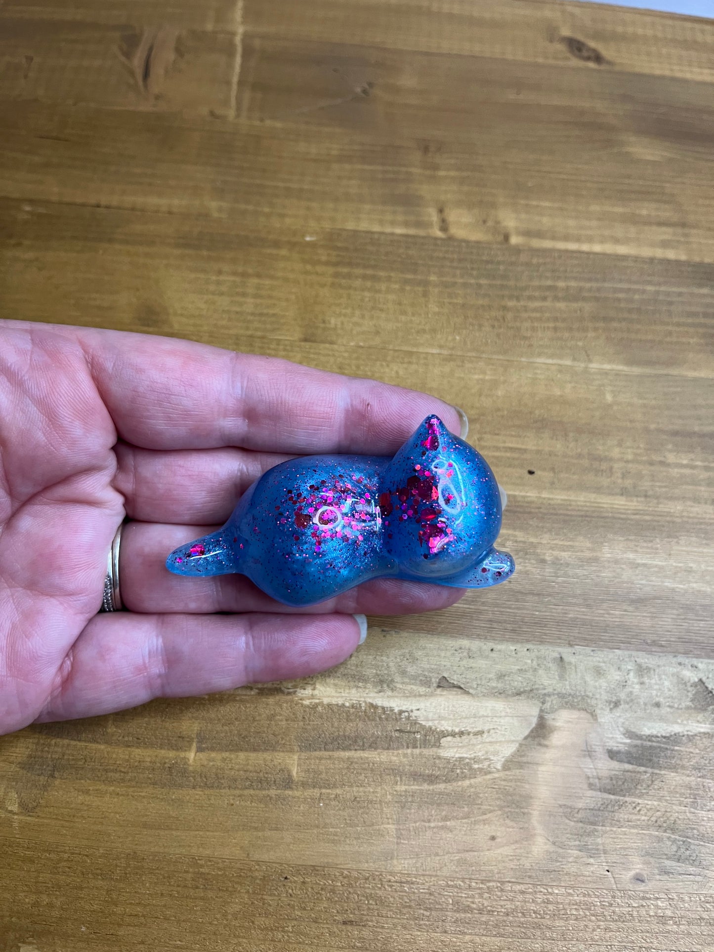 Set of 3 Blue Resin Cats with Red Glitter Accents, Figurines