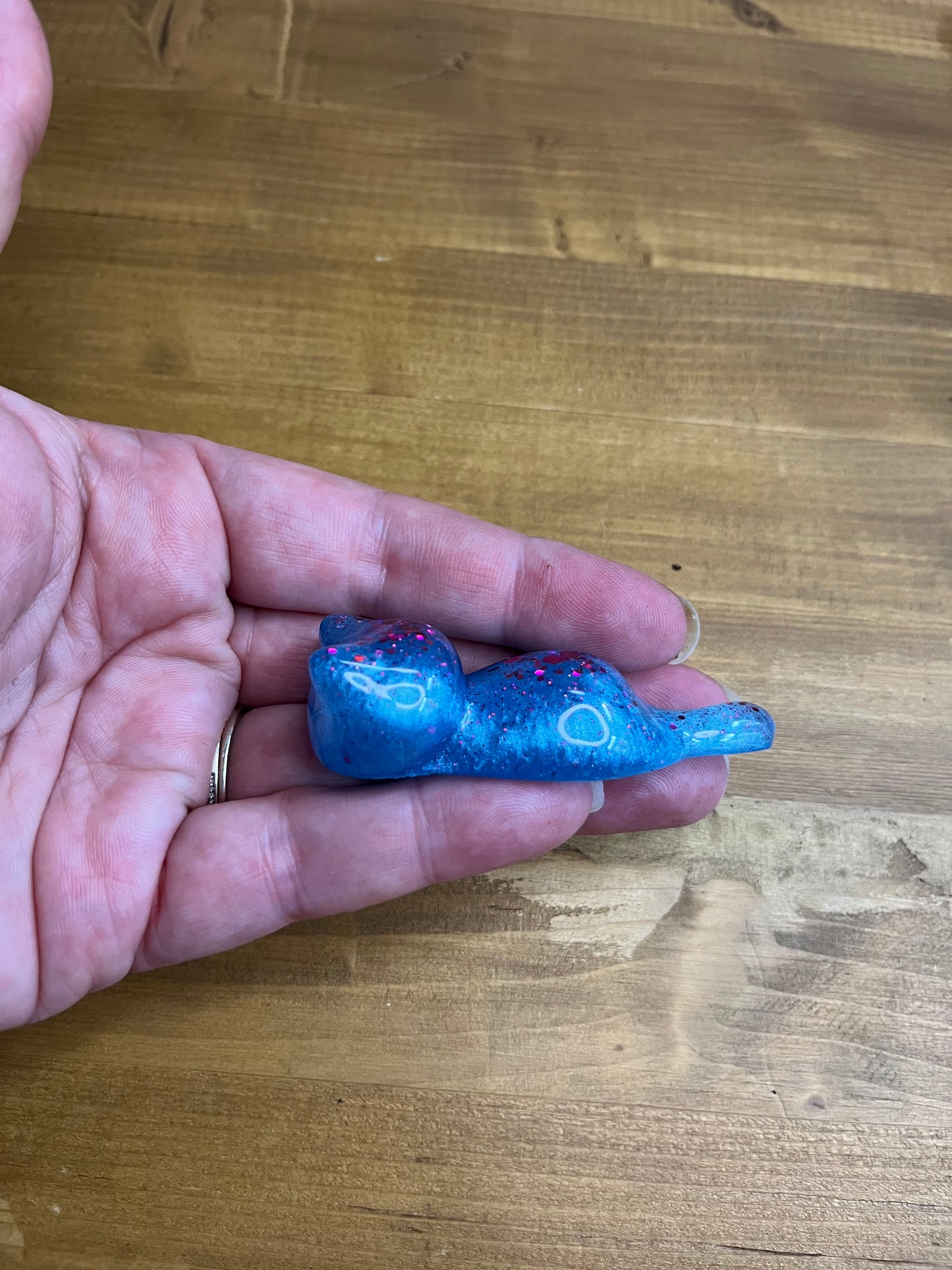 Set of 3 Blue Resin Cats with Red Glitter Accents, Figurines