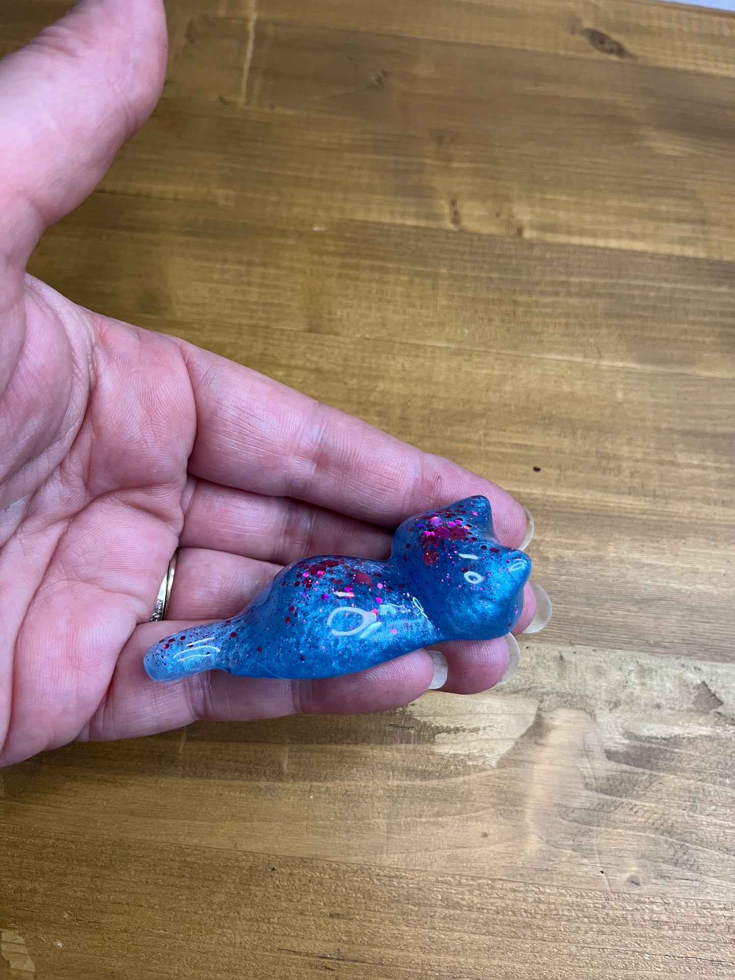Set of 3 Blue Resin Cats with Red Glitter Accents, Figurines