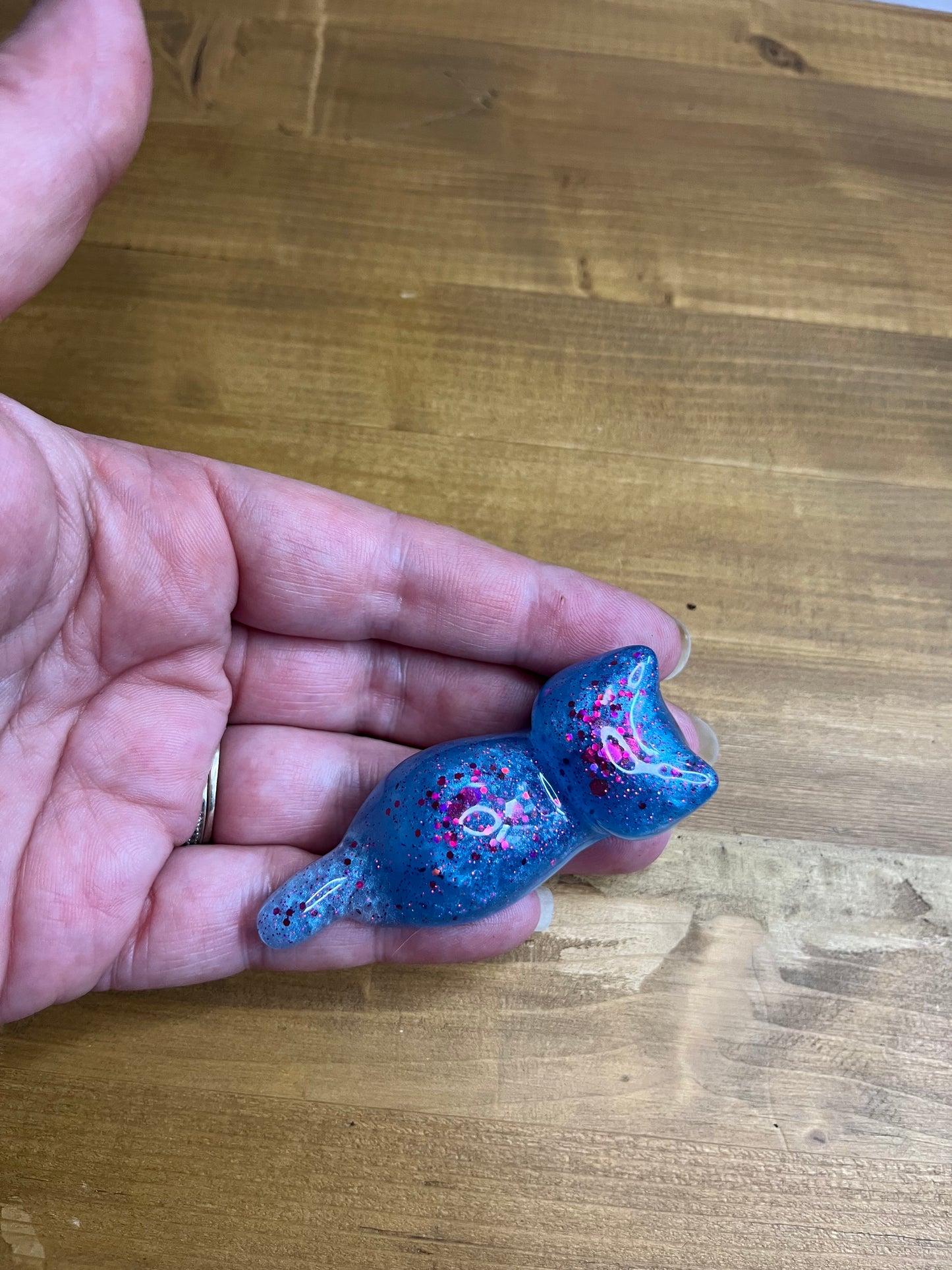 Set of 3 Blue Resin Cats with Red Glitter Accents, Figurines