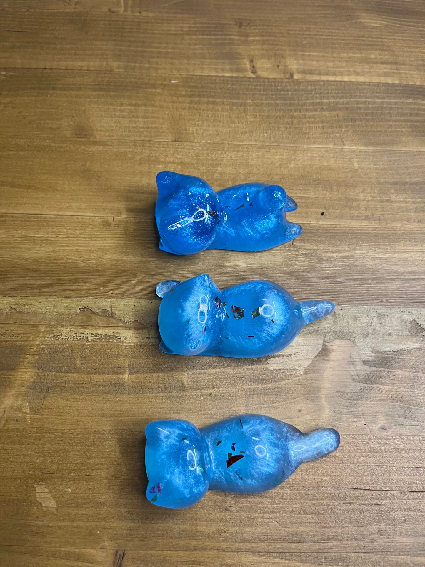 Set of 3 Resin Cat Figurines, Light Blue with Glitter Accents