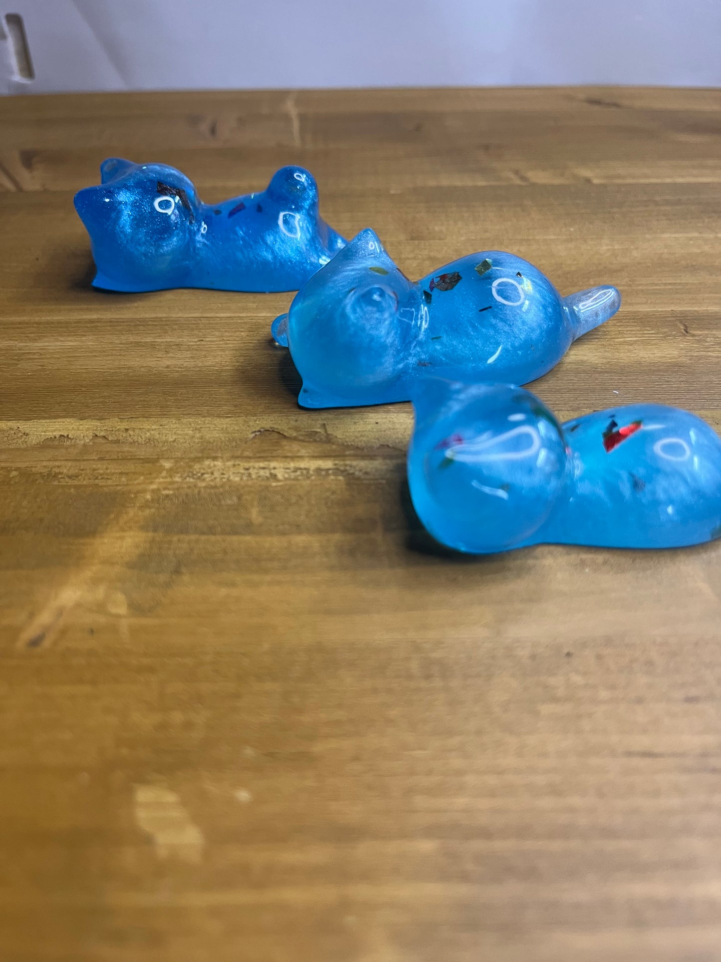 Set of 3 Resin Cat Figurines, Light Blue with Glitter Accents