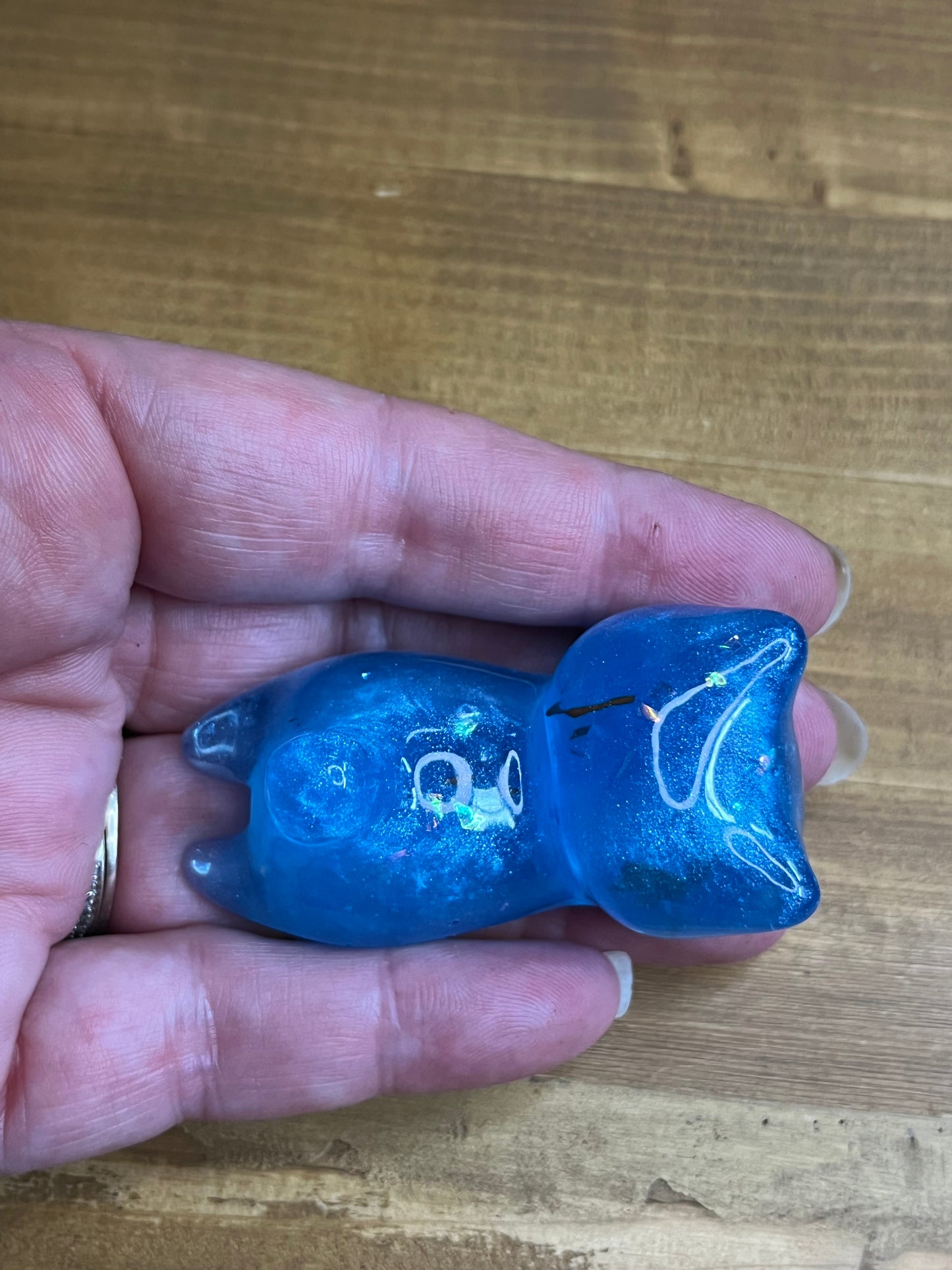 Set of 3 Resin Cat Figurines, Light Blue with Glitter Accents