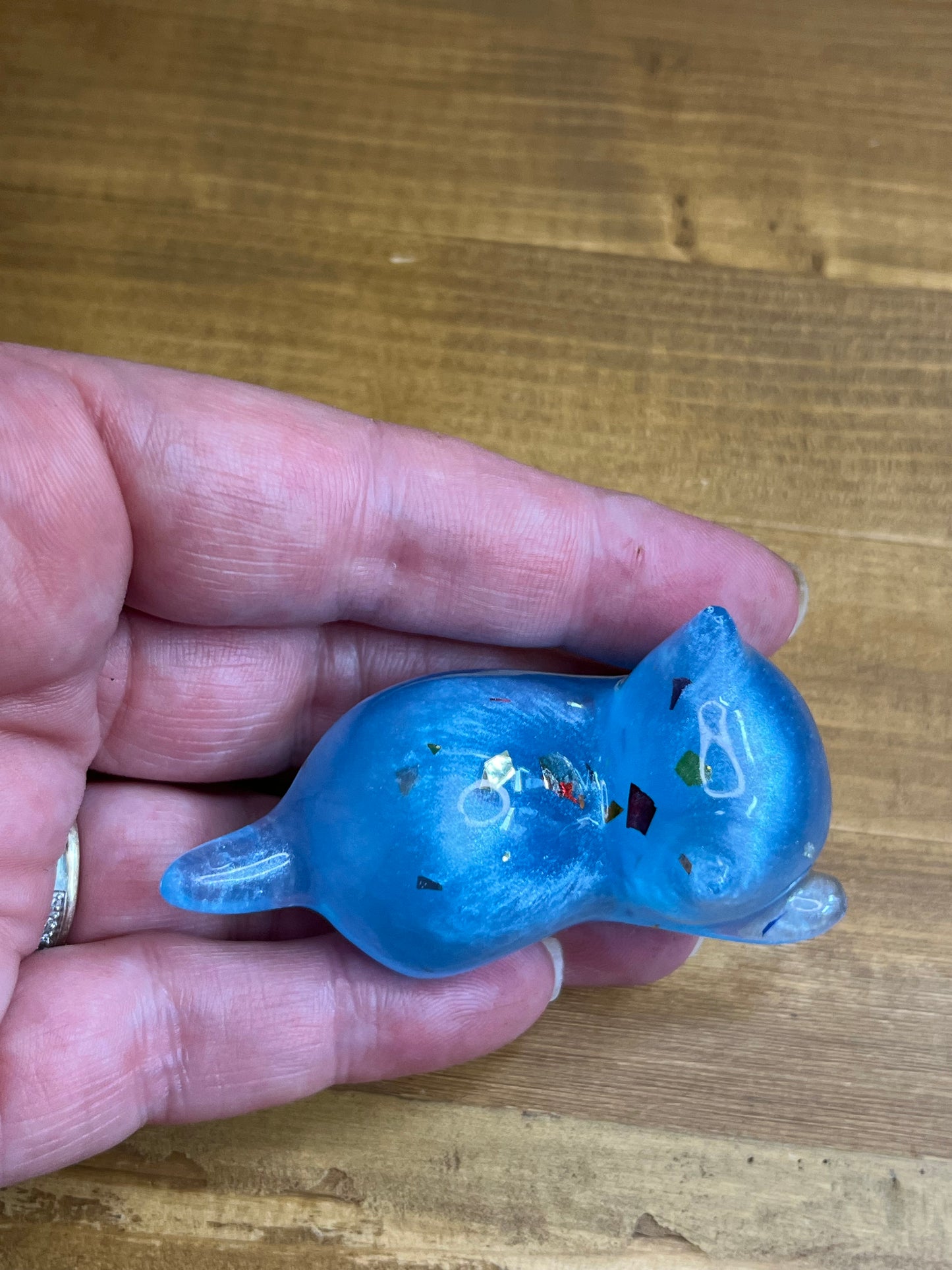 Set of 3 Resin Cat Figurines, Light Blue with Glitter Accents