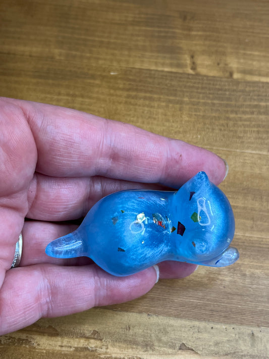 Set of 3 Resin Cat Figurines, Light Blue with Glitter Accents