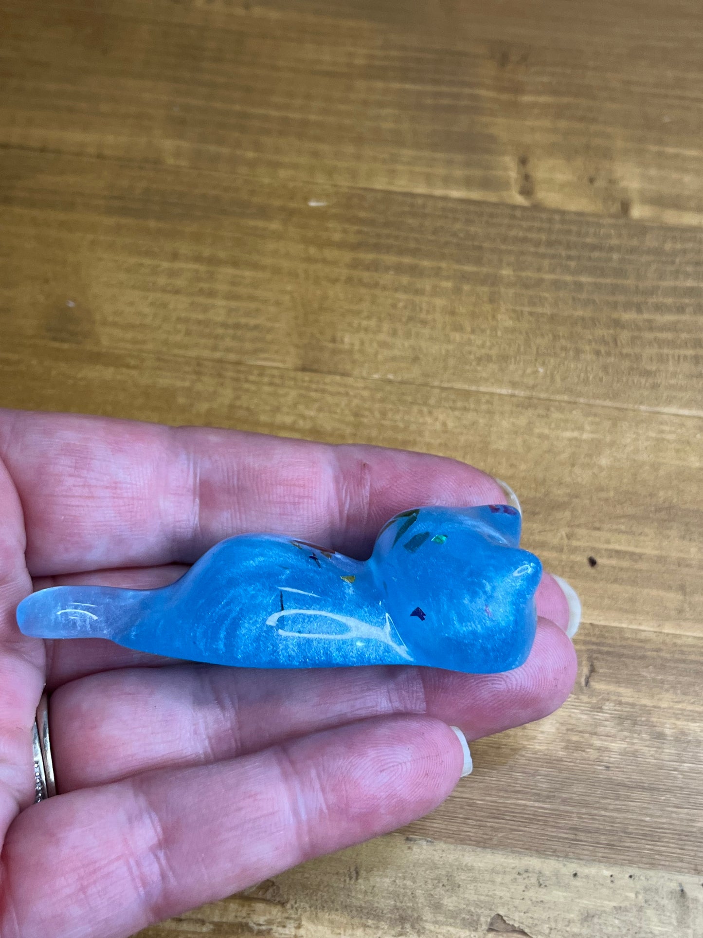 Set of 3 Resin Cat Figurines, Light Blue with Glitter Accents
