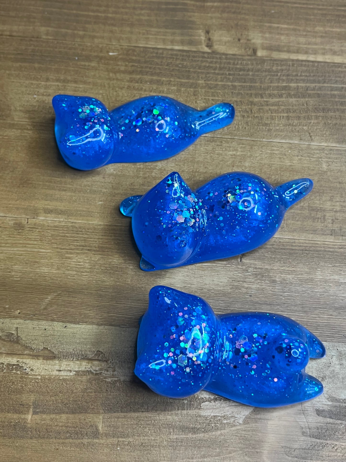 Resin Cat Figurines Set of 3, Royal Blue with Silver Glitter Accents
