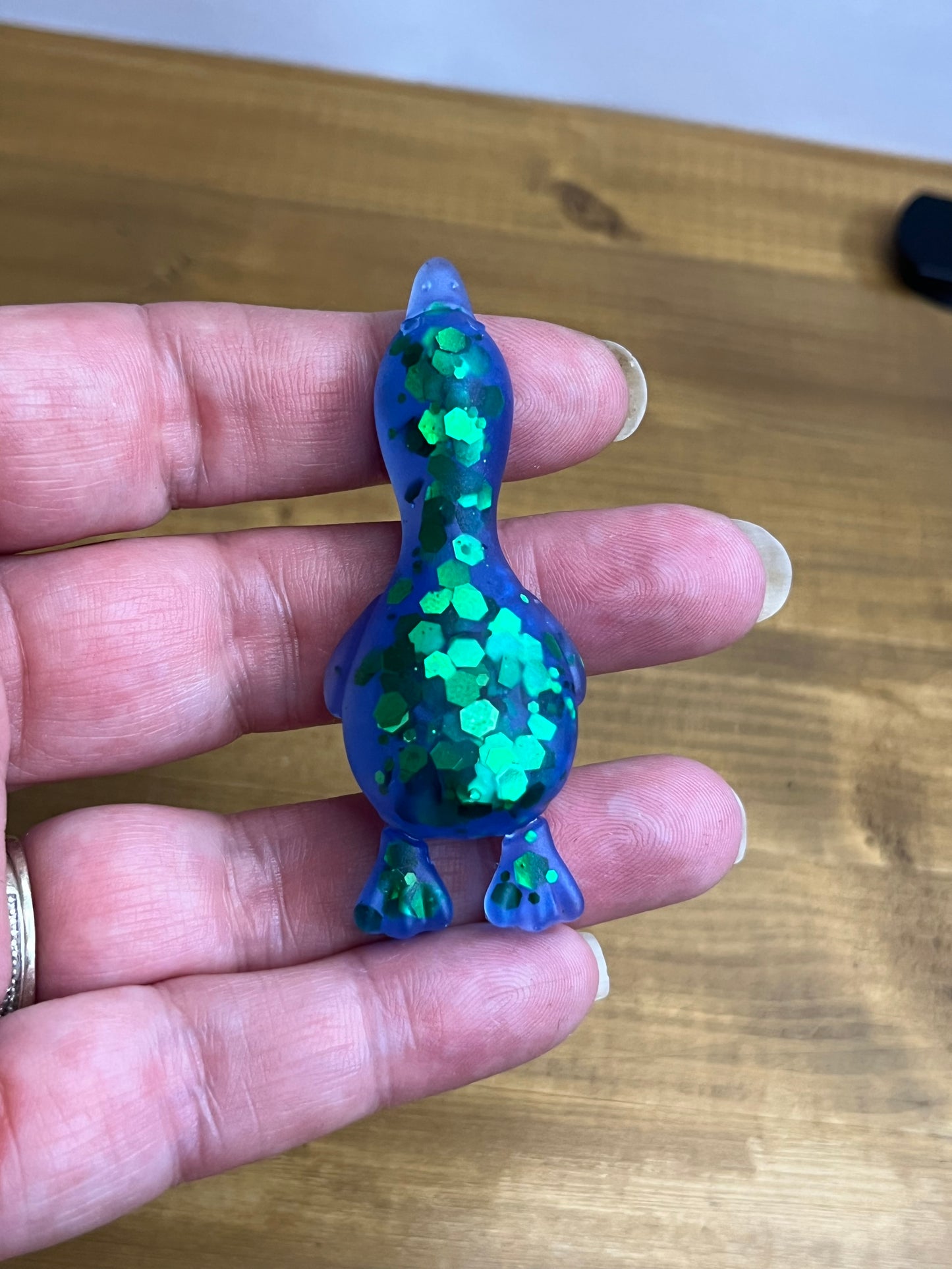 Small Duck Figurine, Blue Resin with Green Glitter Accent