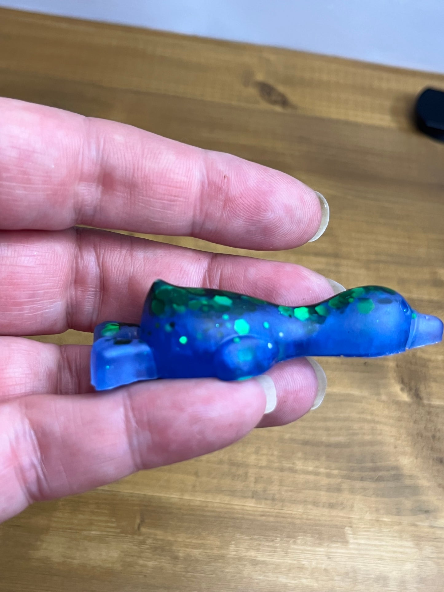 Small Duck Figurine, Blue Resin with Green Glitter Accent