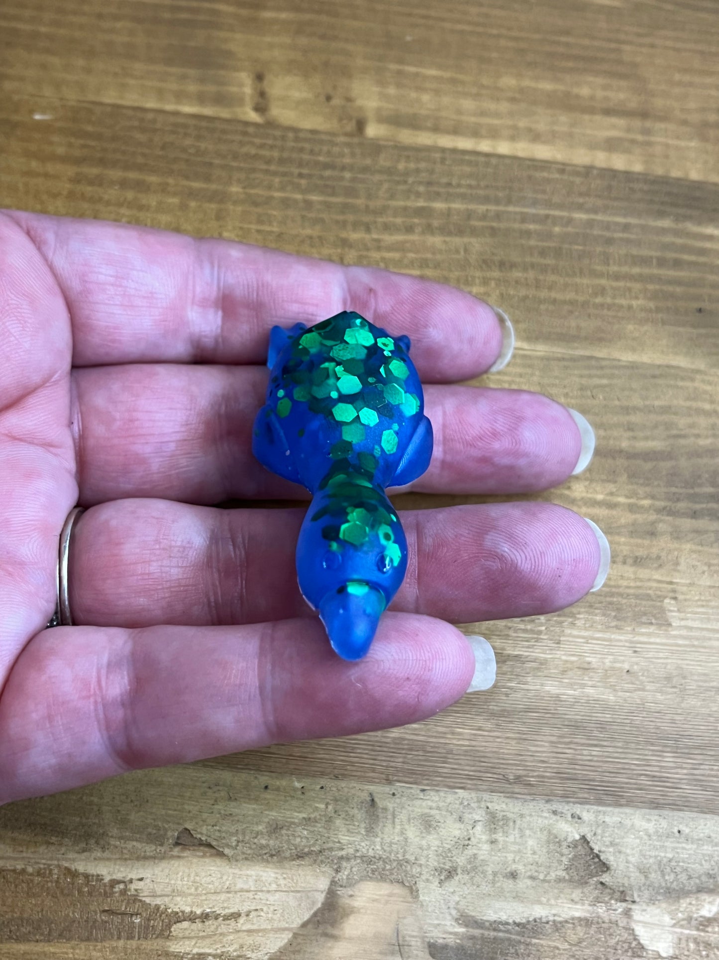 Small Duck Figurine, Blue Resin with Green Glitter Accent