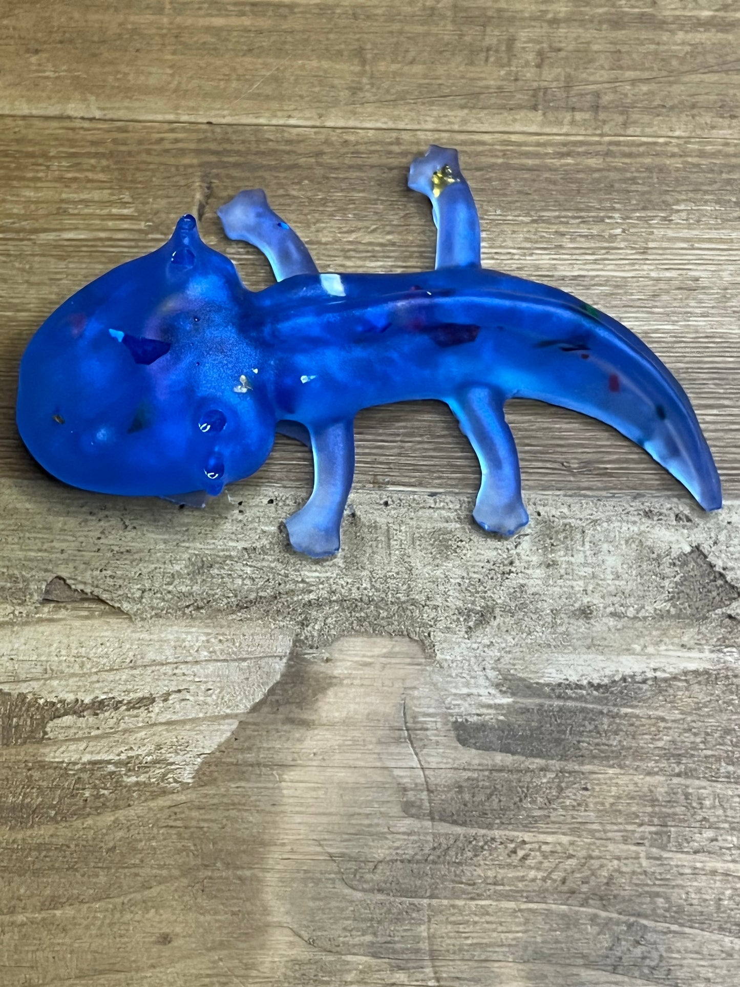Blue Resin Axolotl Figurine with Colorful Flecks, Desk Buddy
