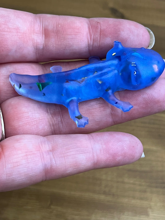 Blue Resin Axolotl Figurine with Colorful Flecks, Desk Buddy