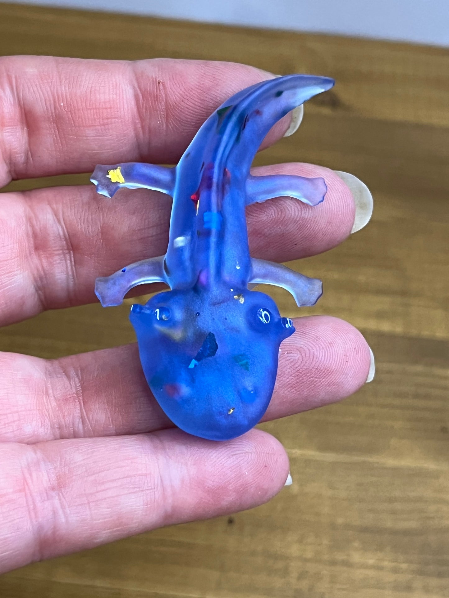 Blue Resin Axolotl Figurine with Colorful Flecks, Desk Buddy