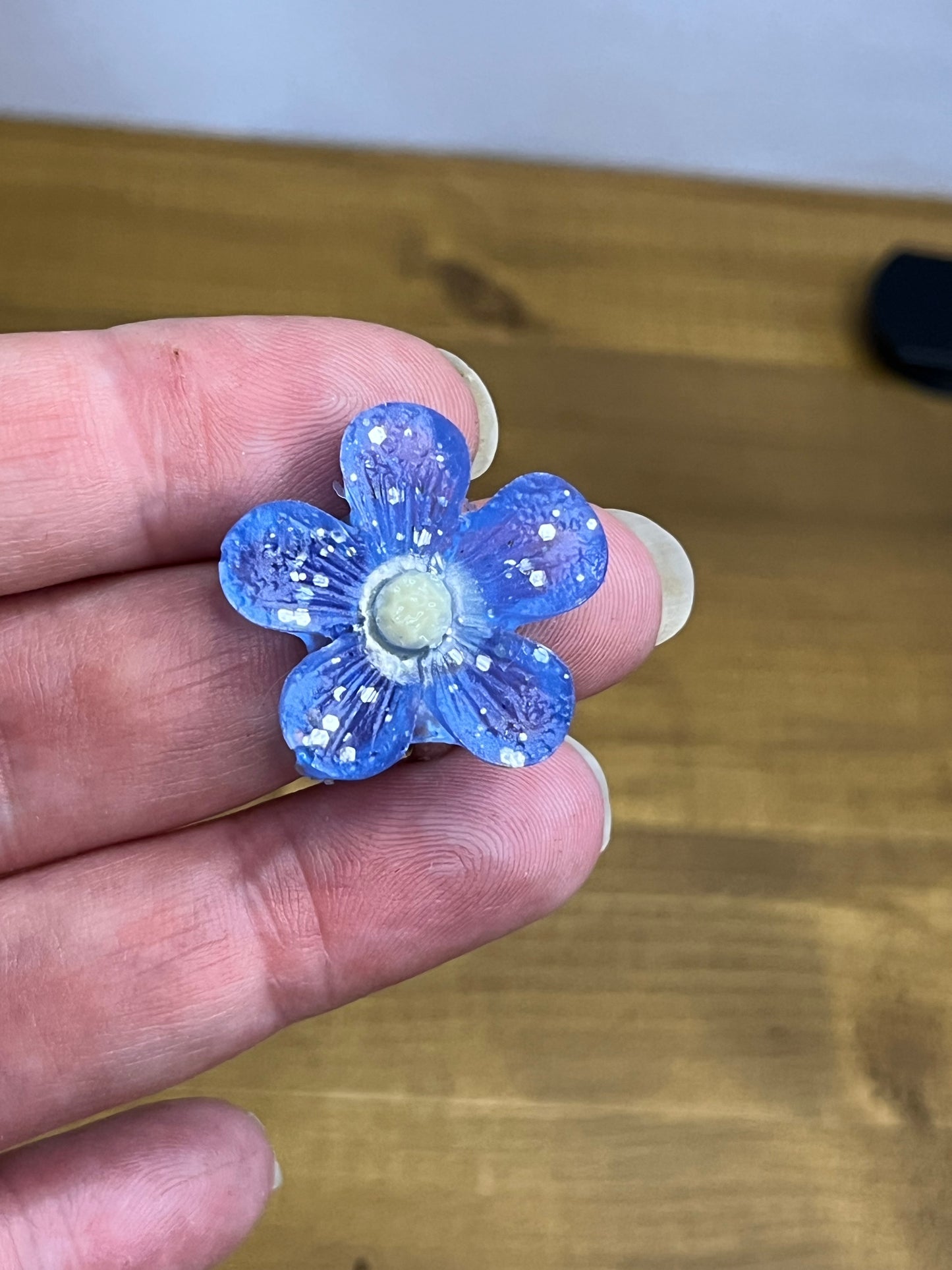 Blue Flower Ring with Yellow Center and Silver Glitter, Adjustable Size