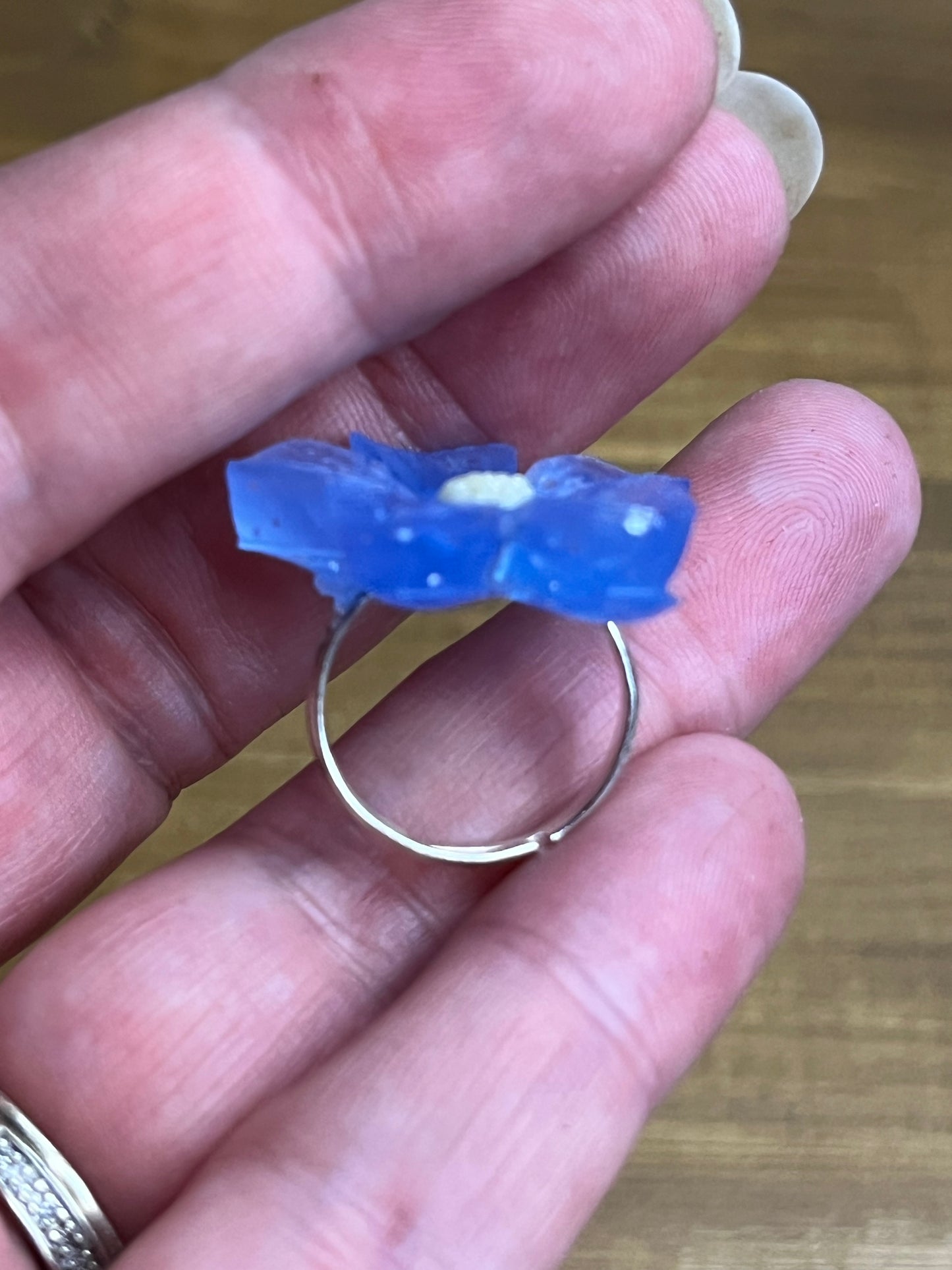 Blue Flower Ring with Yellow Center and Silver Glitter, Adjustable Size