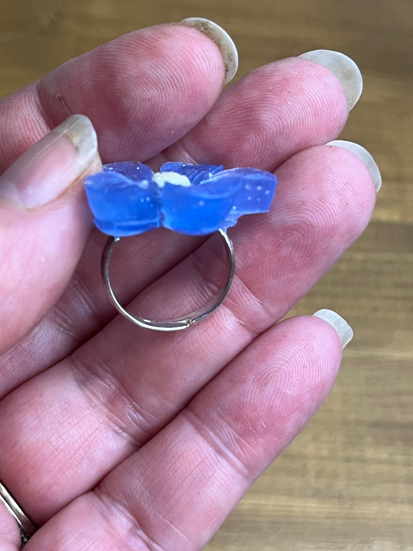 Blue Flower Ring with Yellow Center and Silver Glitter, Adjustable Size