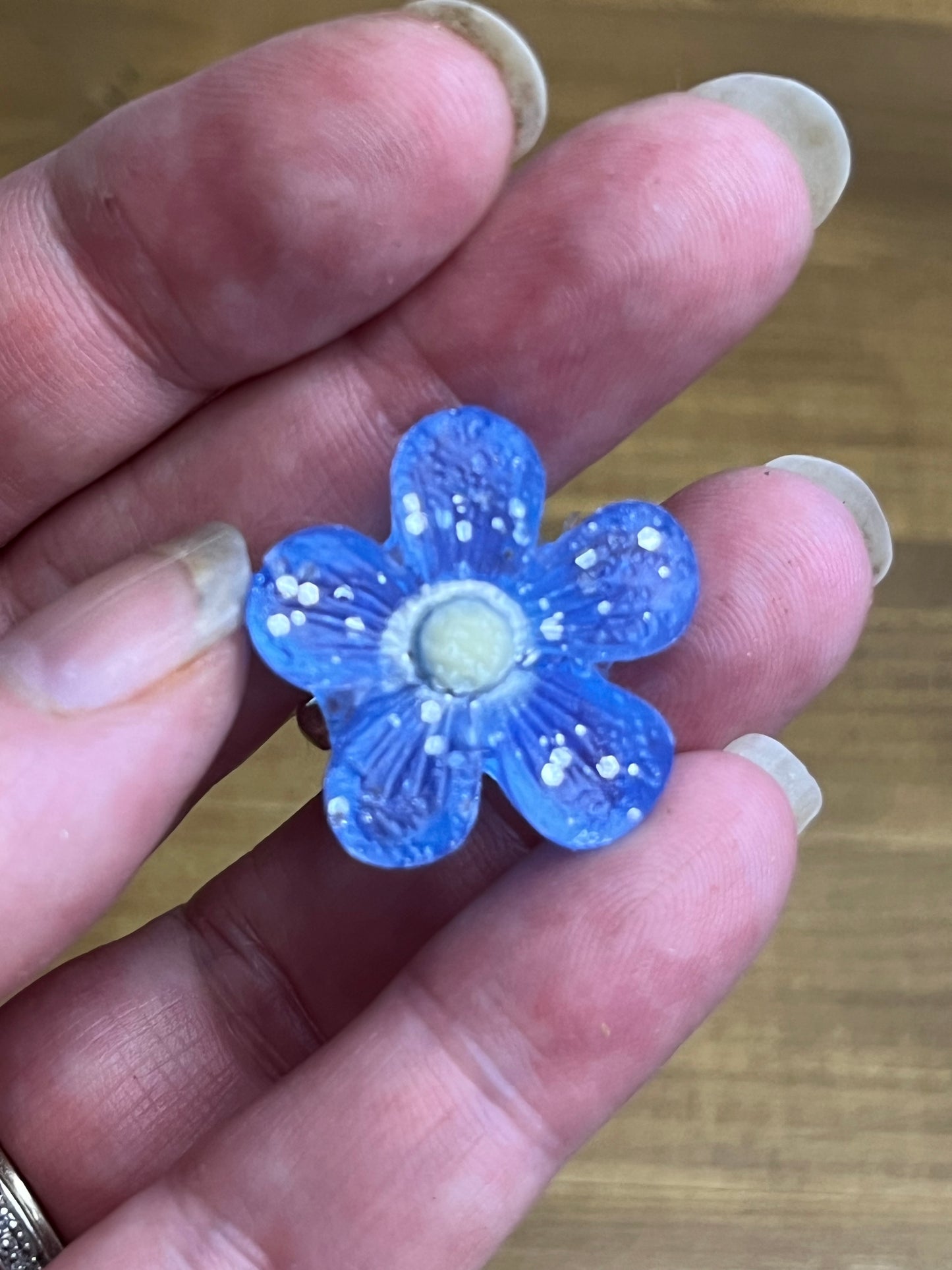 Blue Flower Ring with Yellow Center and Silver Glitter, Adjustable Size