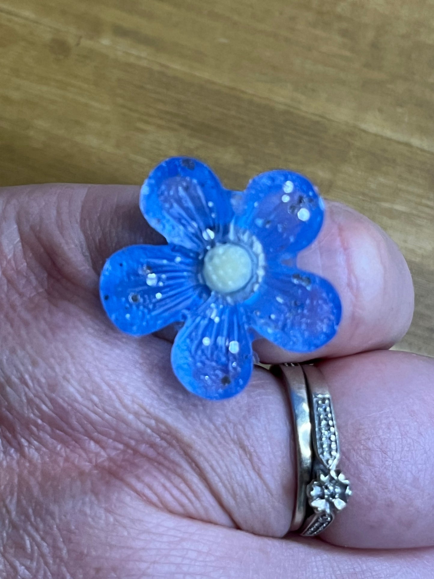 Blue Flower Ring with Yellow Center and Silver Glitter, Adjustable Size