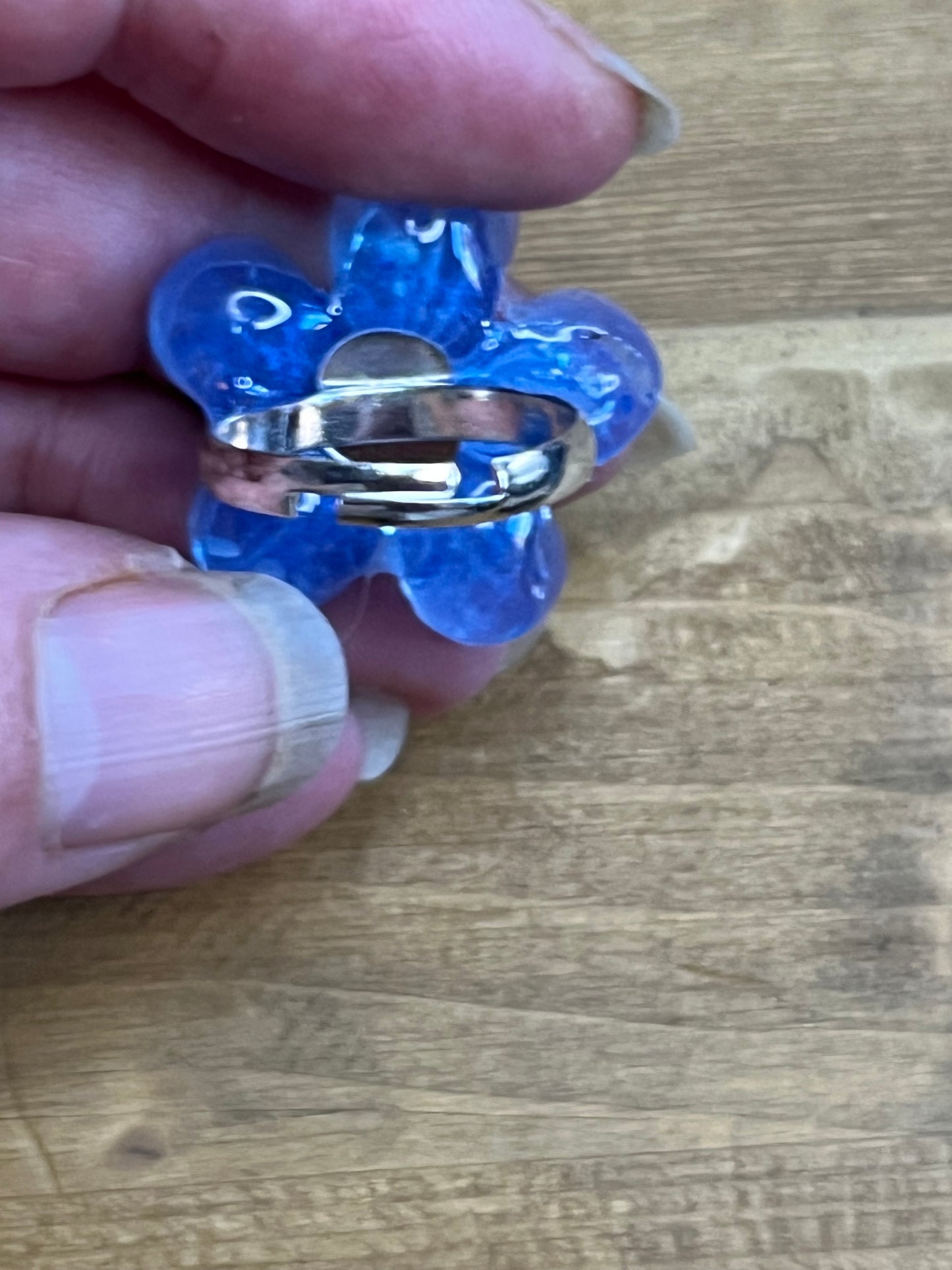 Blue Flower Ring with Yellow Center and Silver Glitter, Adjustable Size