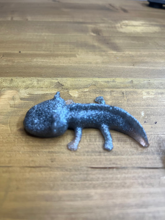 Resin Axolotl Figurine, Miniature Desk Buddy in Grey and Silver Glitter