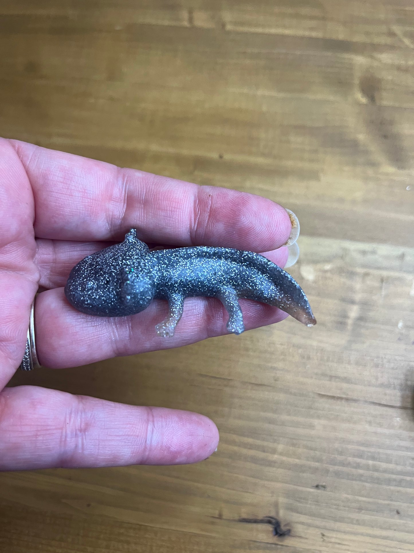 Resin Axolotl Figurine, Miniature Desk Buddy in Grey and Silver Glitter