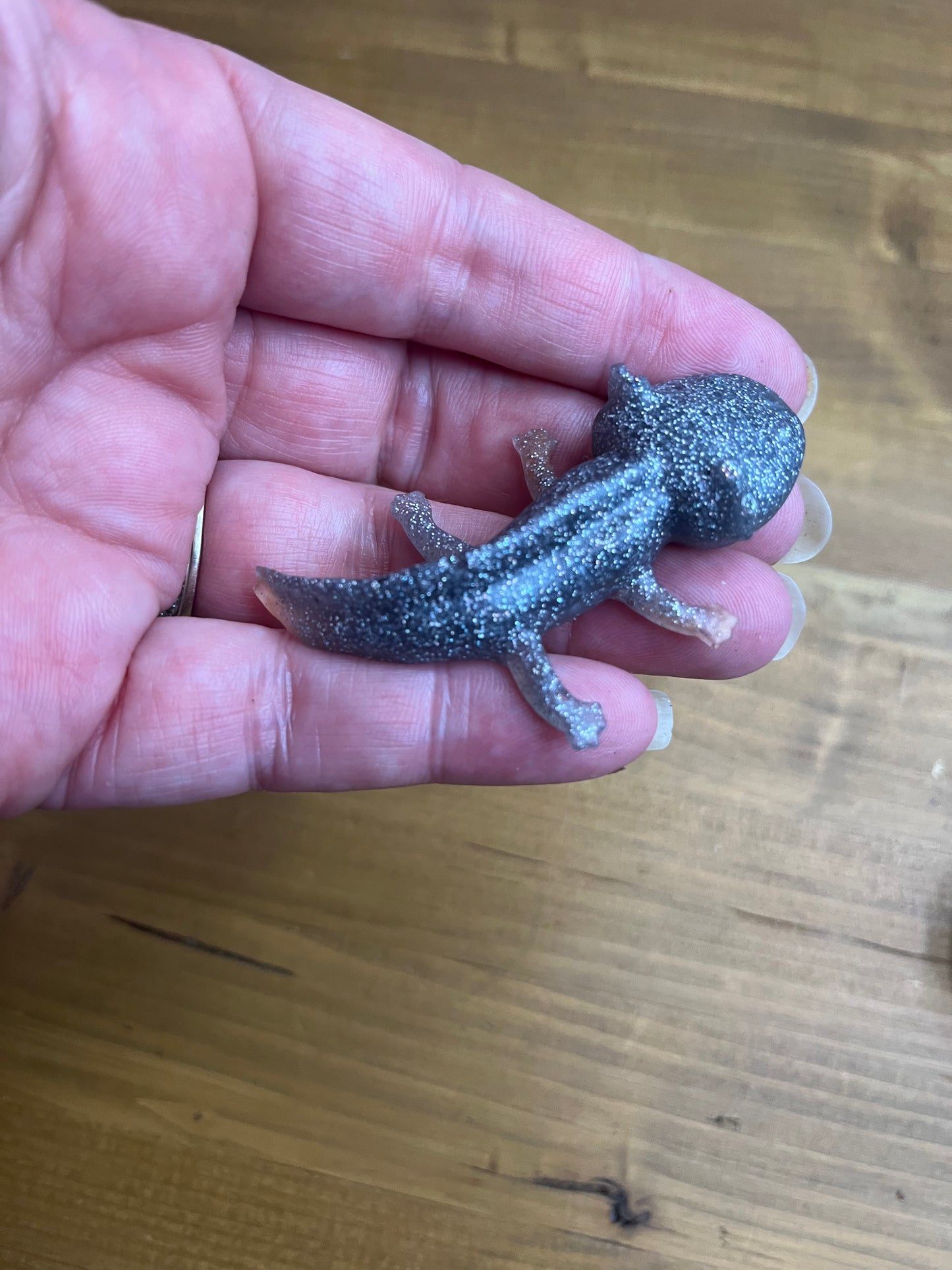 Resin Axolotl Figurine, Miniature Desk Buddy in Grey and Silver Glitter