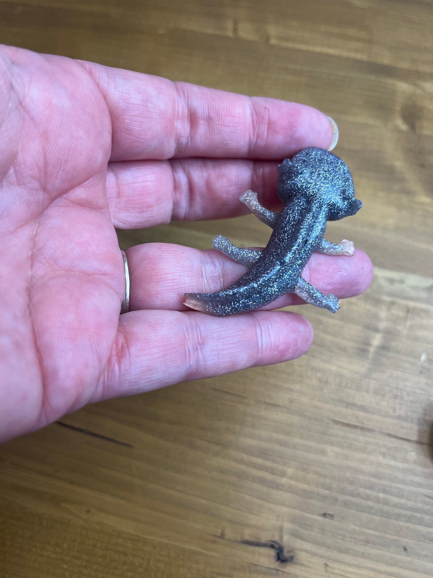 Resin Axolotl Figurine, Miniature Desk Buddy in Grey and Silver Glitter