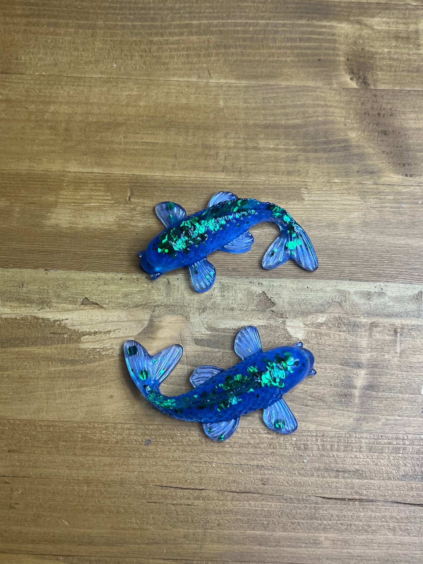 Blue Resin Koi Fish Figurine, With Green Glitter Accents