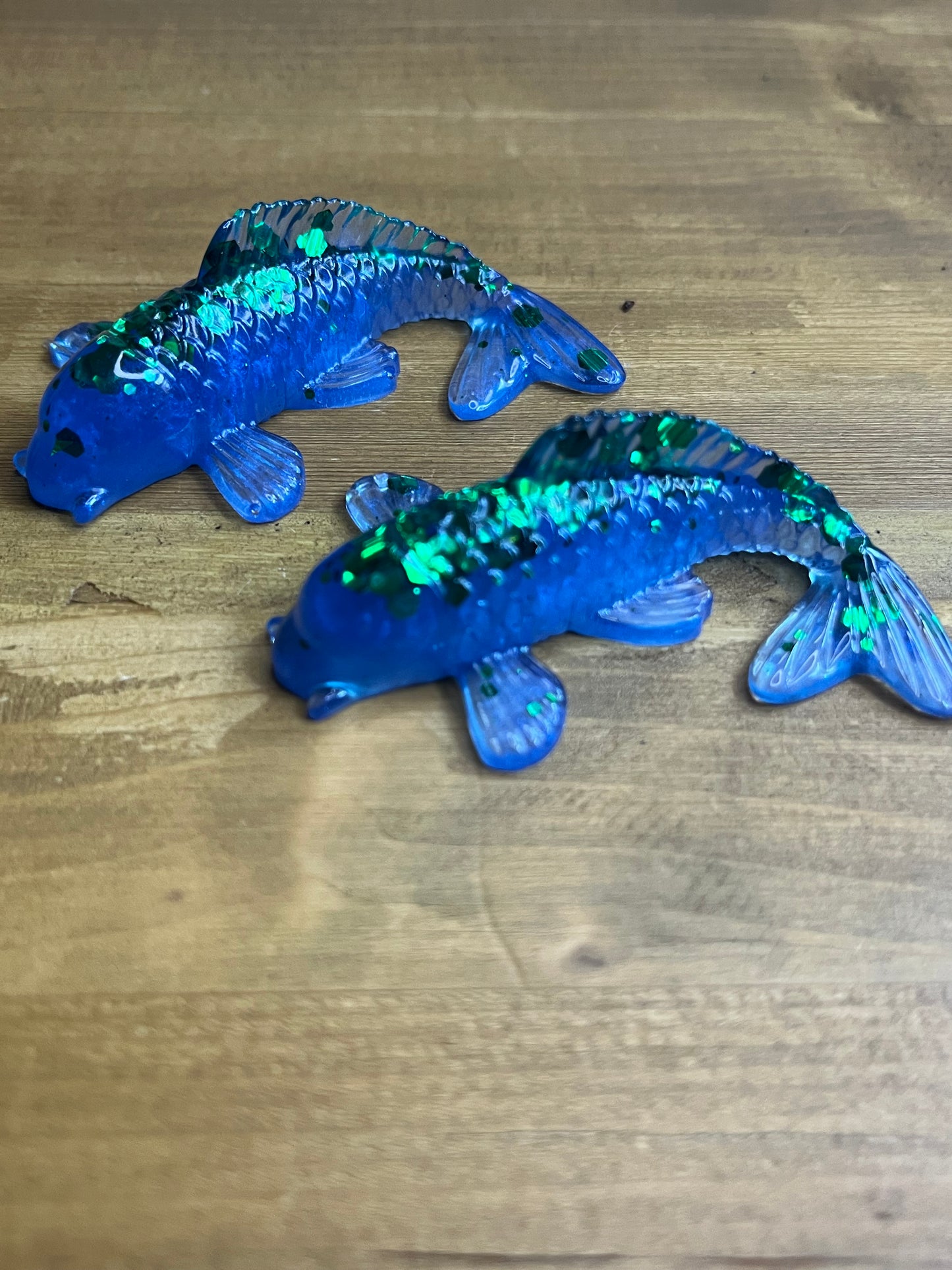 Blue Resin Koi Fish Figurine, With Green Glitter Accents