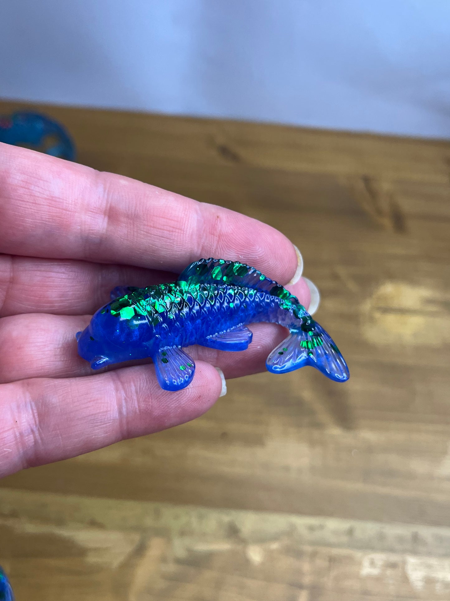 Blue Resin Koi Fish Figurine, With Green Glitter Accents