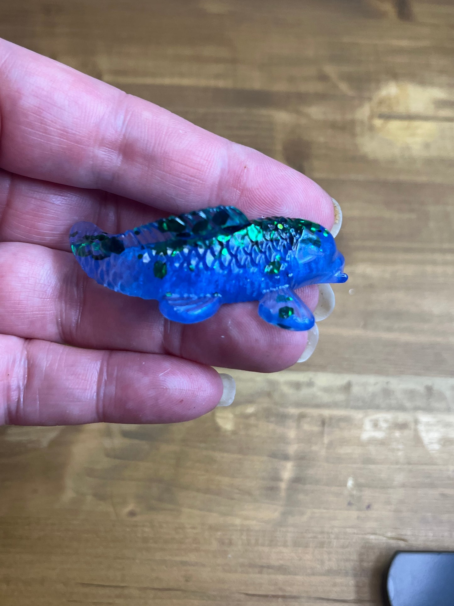 Blue Resin Koi Fish Figurine, With Green Glitter Accents