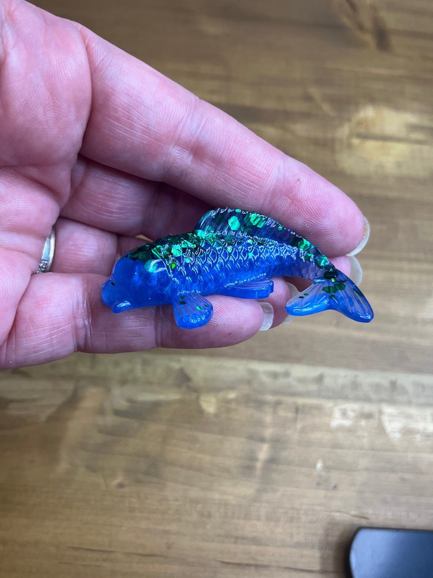 Blue Resin Koi Fish Figurine, With Green Glitter Accents