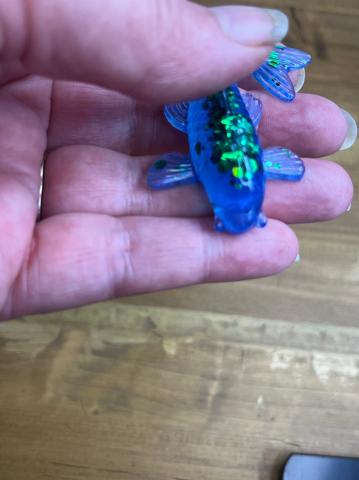 Blue Resin Koi Fish Figurine, With Green Glitter Accents