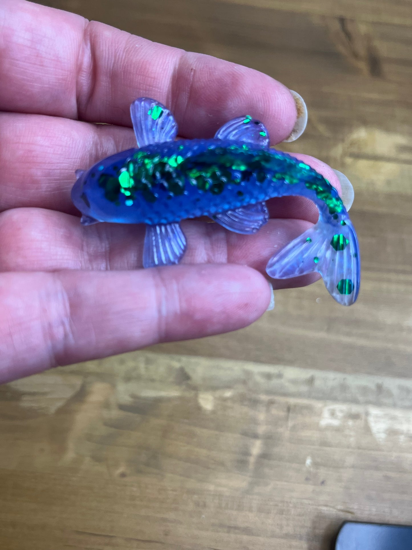Blue Resin Koi Fish Figurine, With Green Glitter Accents