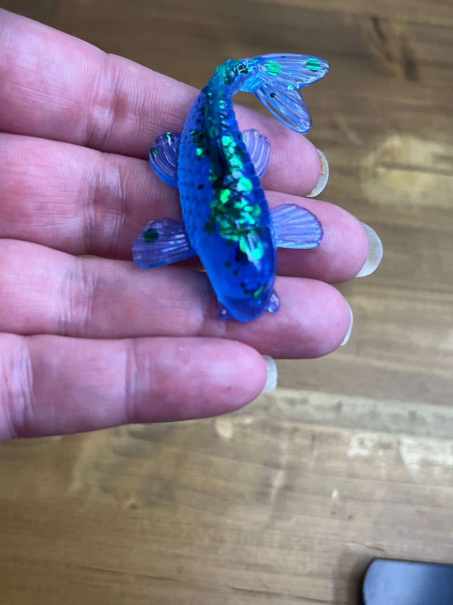 Blue Resin Koi Fish Figurine, With Green Glitter Accents