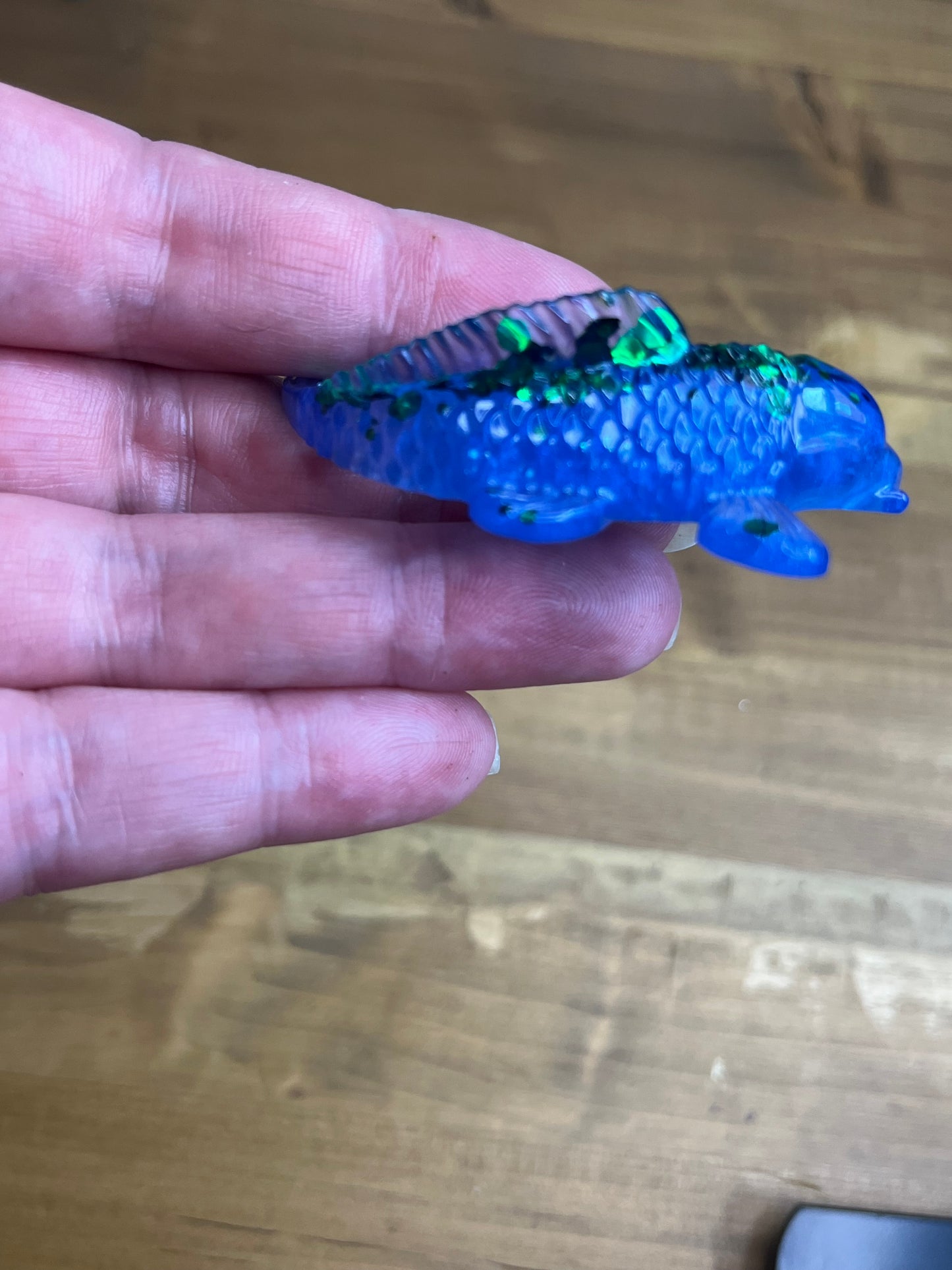 Blue Resin Koi Fish Figurine, With Green Glitter Accents