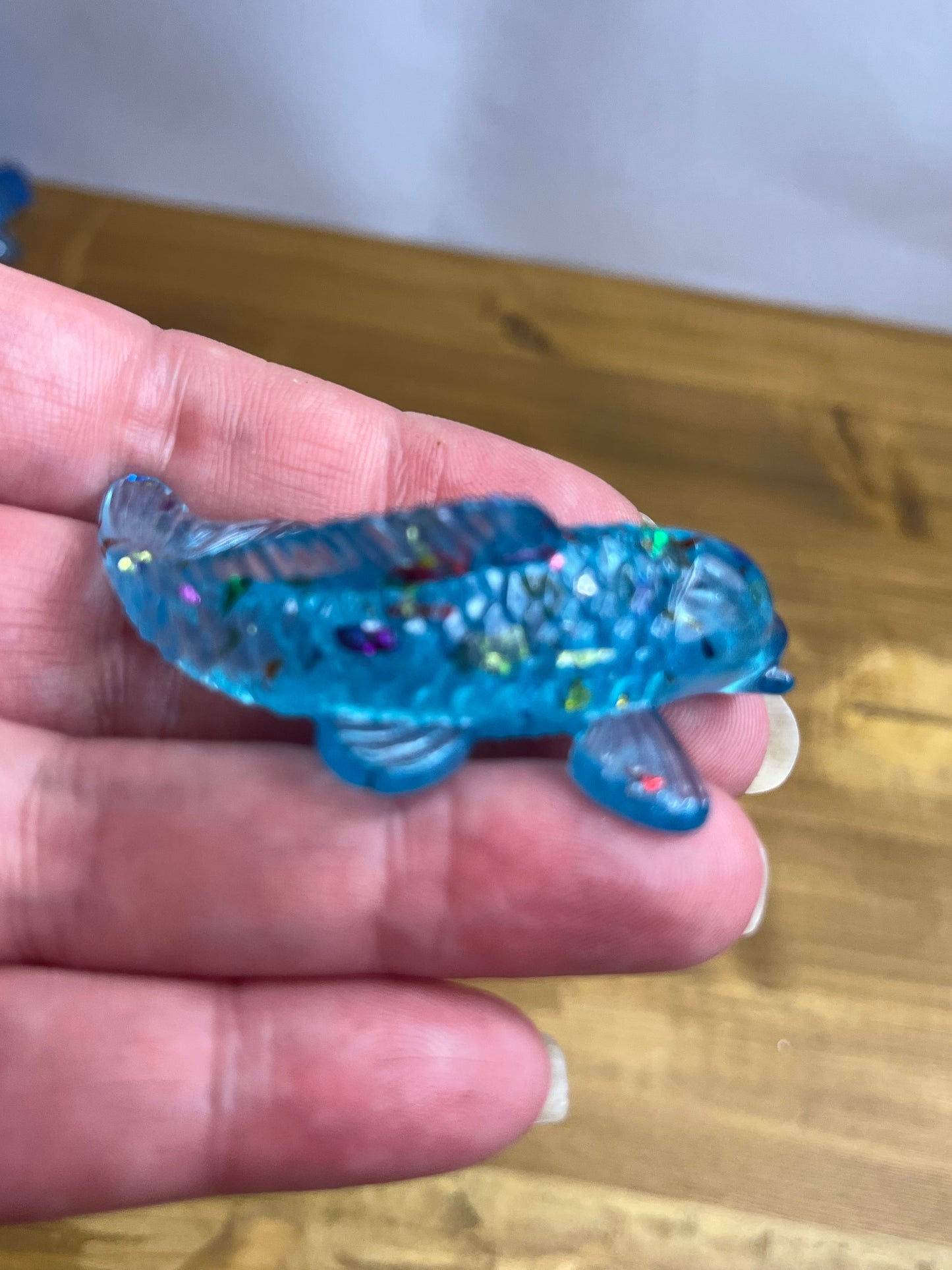 Miniature Koi Fish Figurine, Whimsical Blue and Green Resin Art