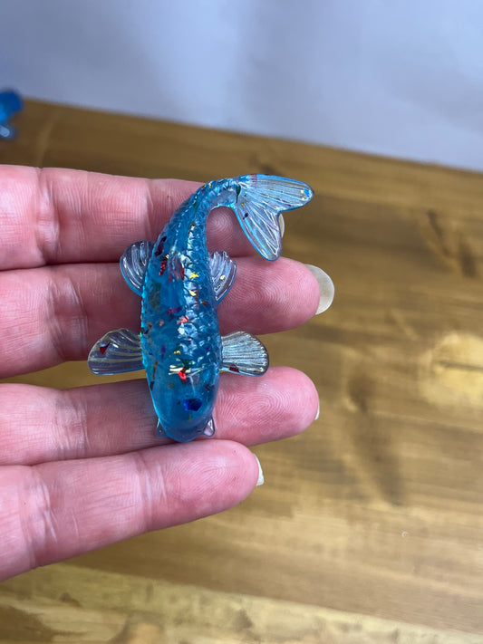 Miniature Koi Fish Figurine, Whimsical Blue and Green Resin Art