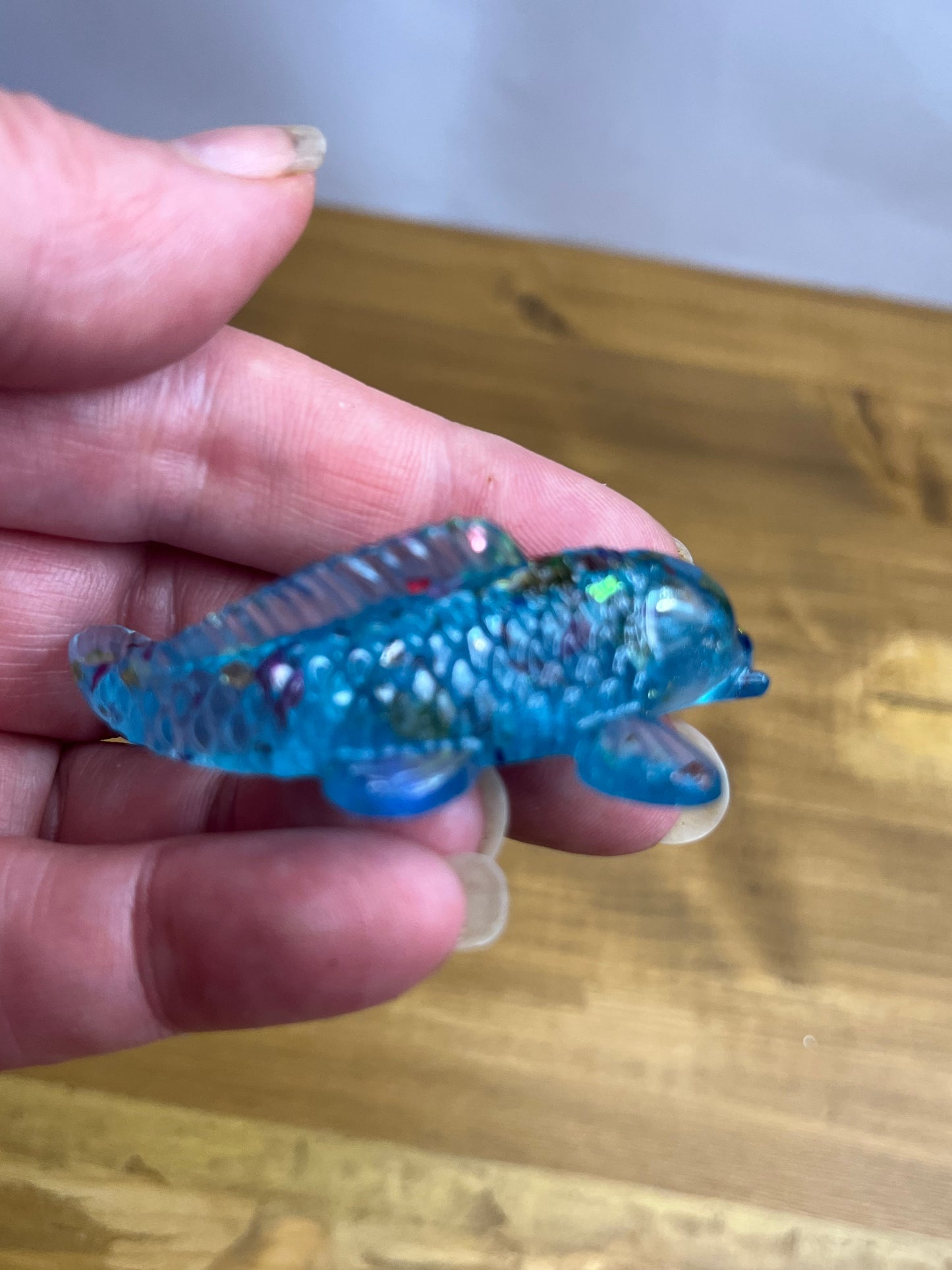 Miniature Koi Fish Figurine, Whimsical Blue and Green Resin Art