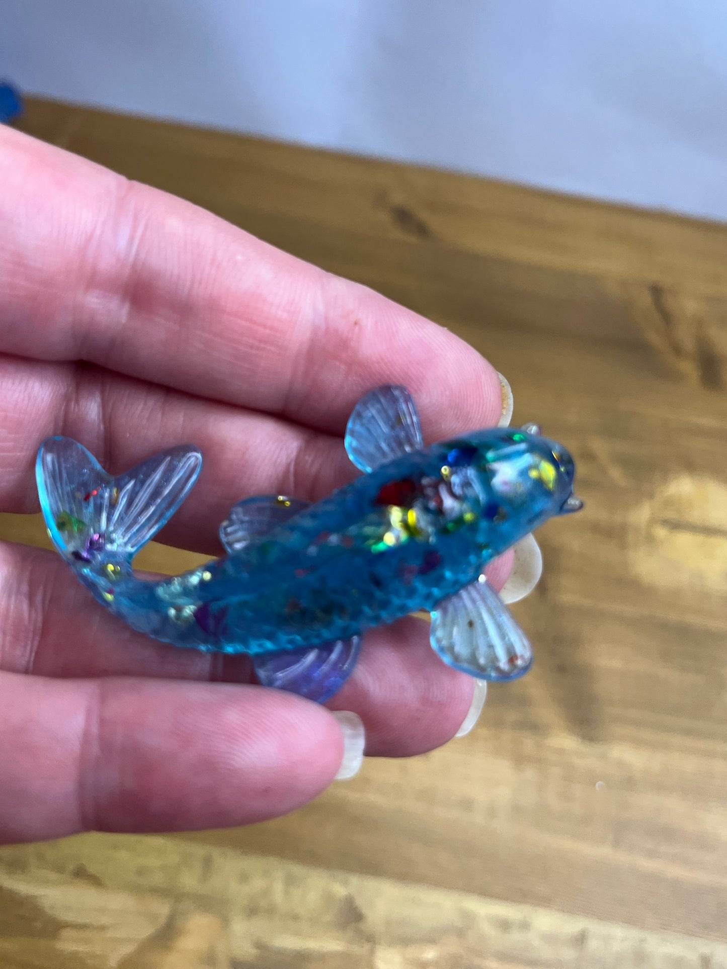Miniature Koi Fish Figurine, Whimsical Blue and Green Resin Art