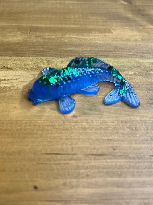Blue Resin Koi Fish Figurine, With Green Glitter Accents
