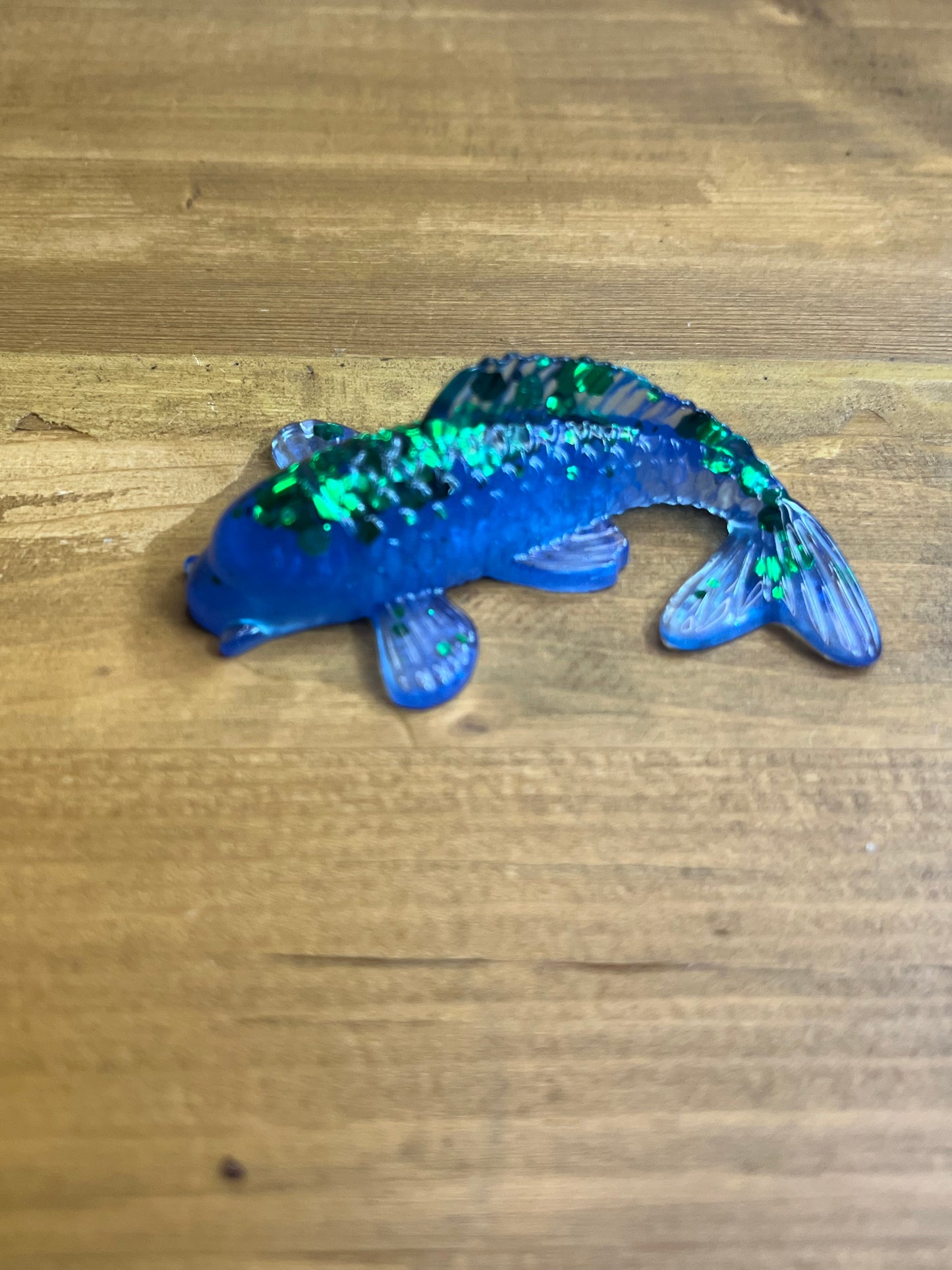 Blue Resin Koi Fish Figurine, With Green Glitter Accents