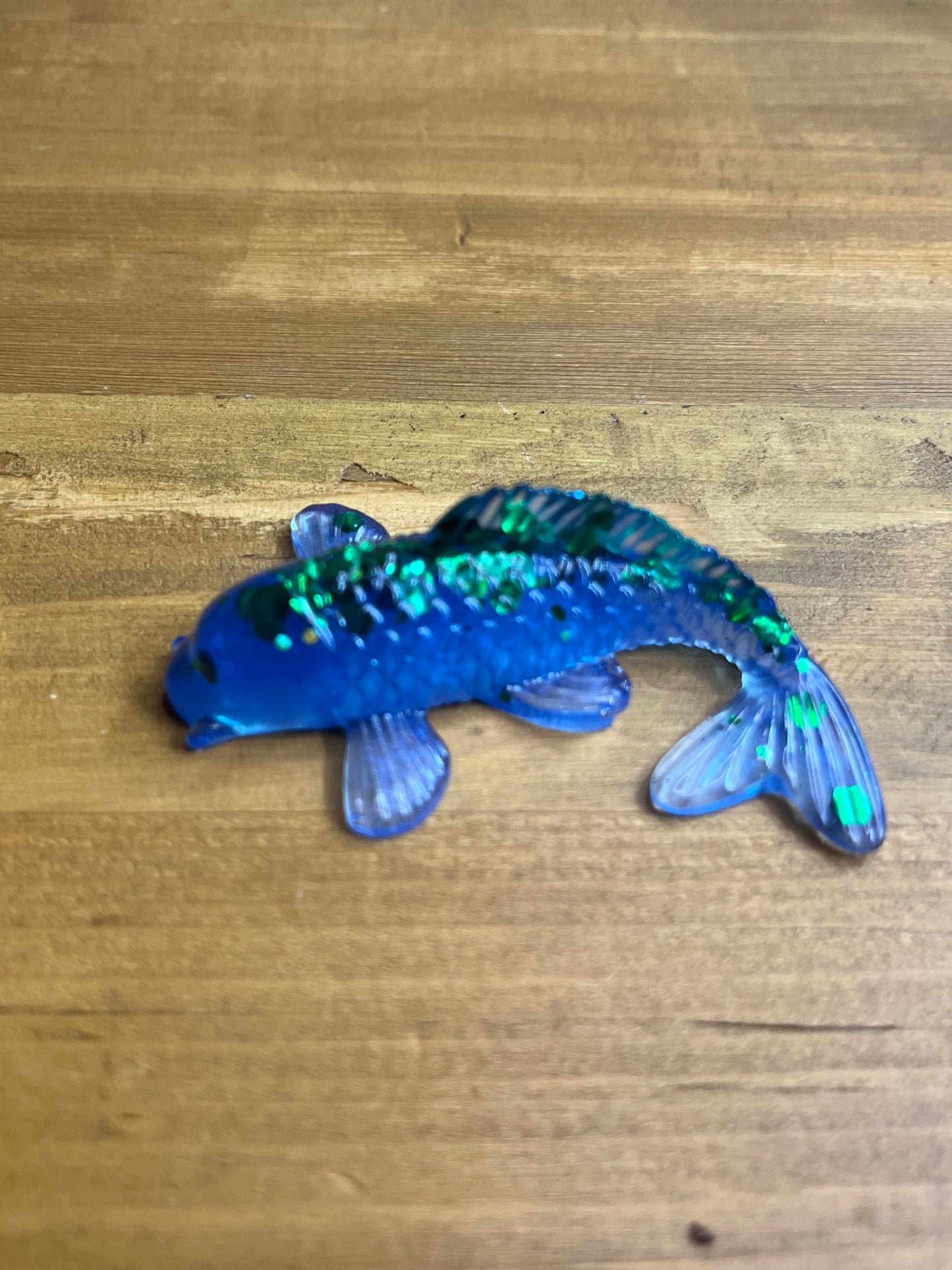 Blue Resin Koi Fish Figurine, With Green Glitter Accents