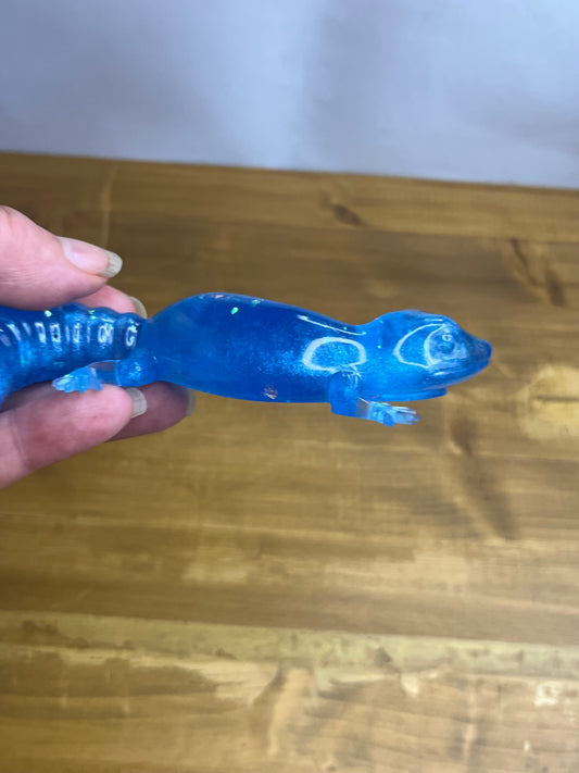 Blue Glitter Resin Gecko Figurine, Handmade Animal Sculpture, Nature Lover Gift